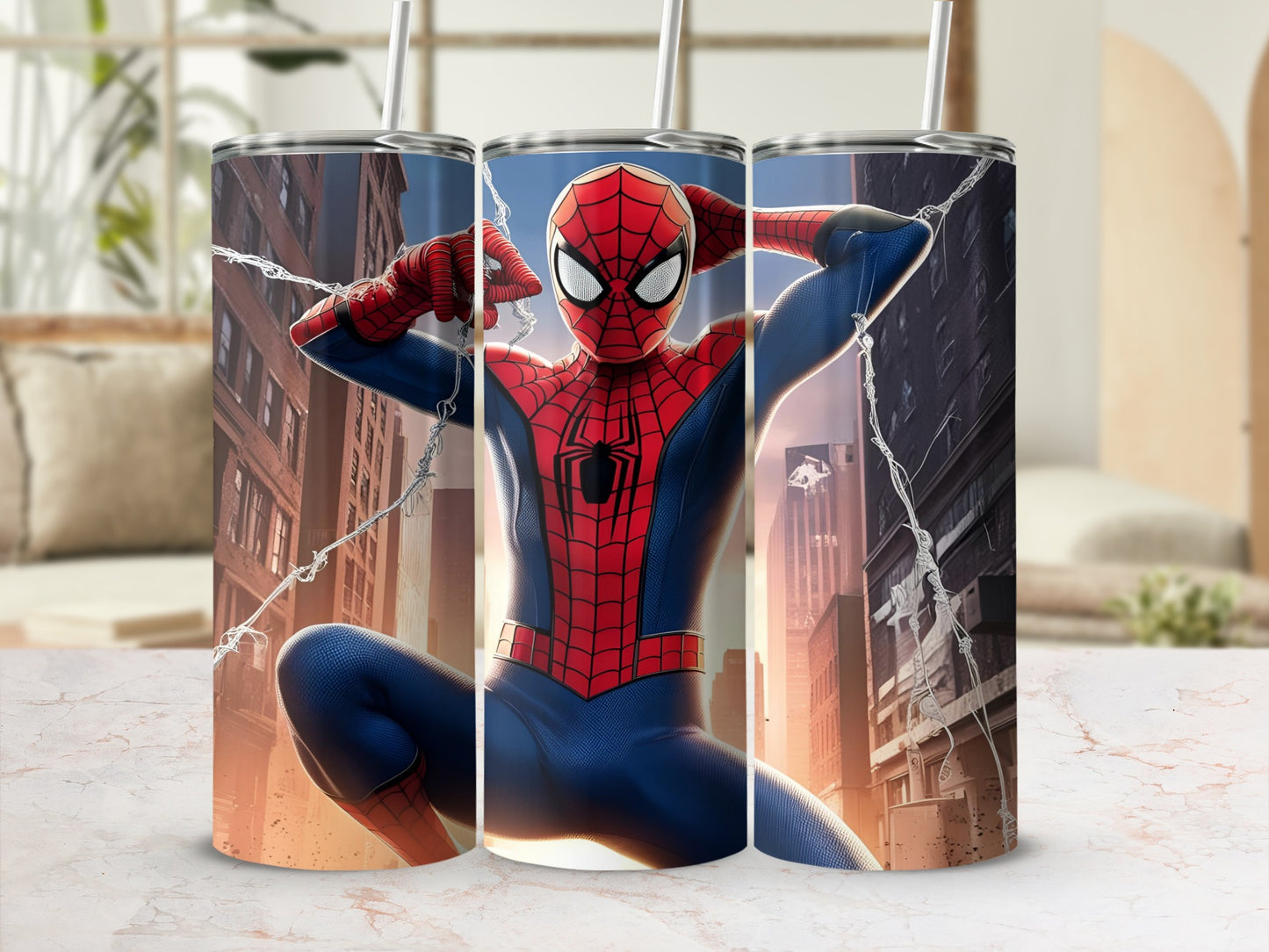 Spiderman crouching with city buildings in the background.