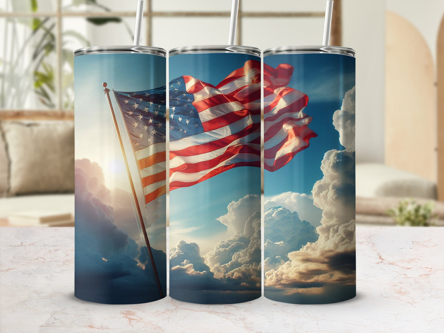 American flag waving against a cloudy sky, with sunlight streaming.