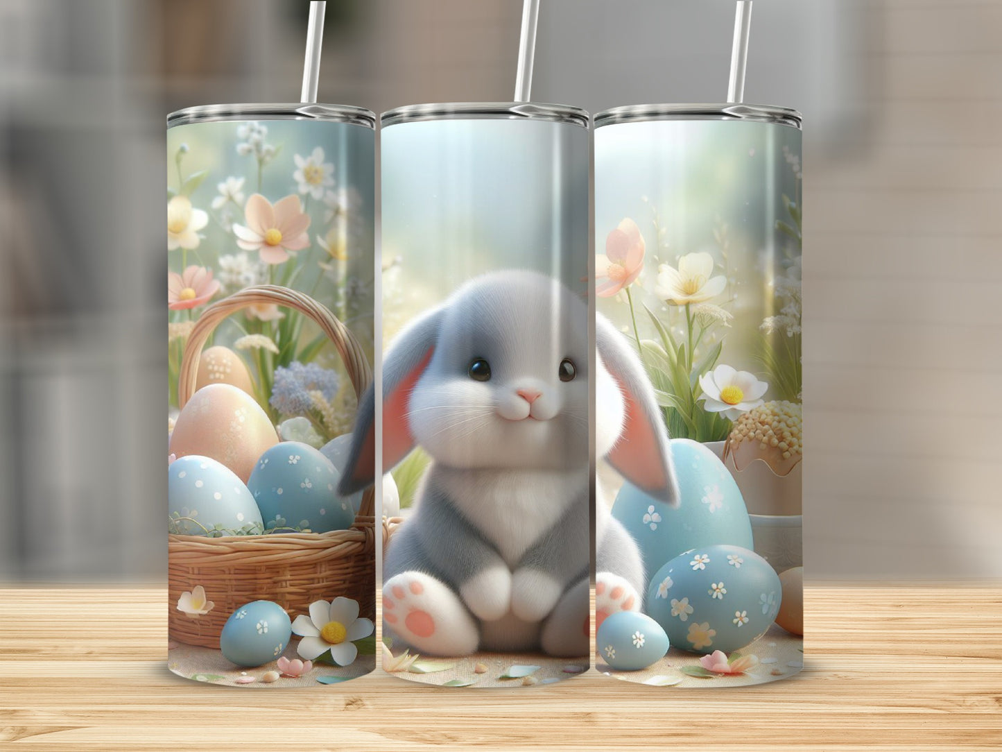 Easter bunny with eggs and flowers on a tumbler.