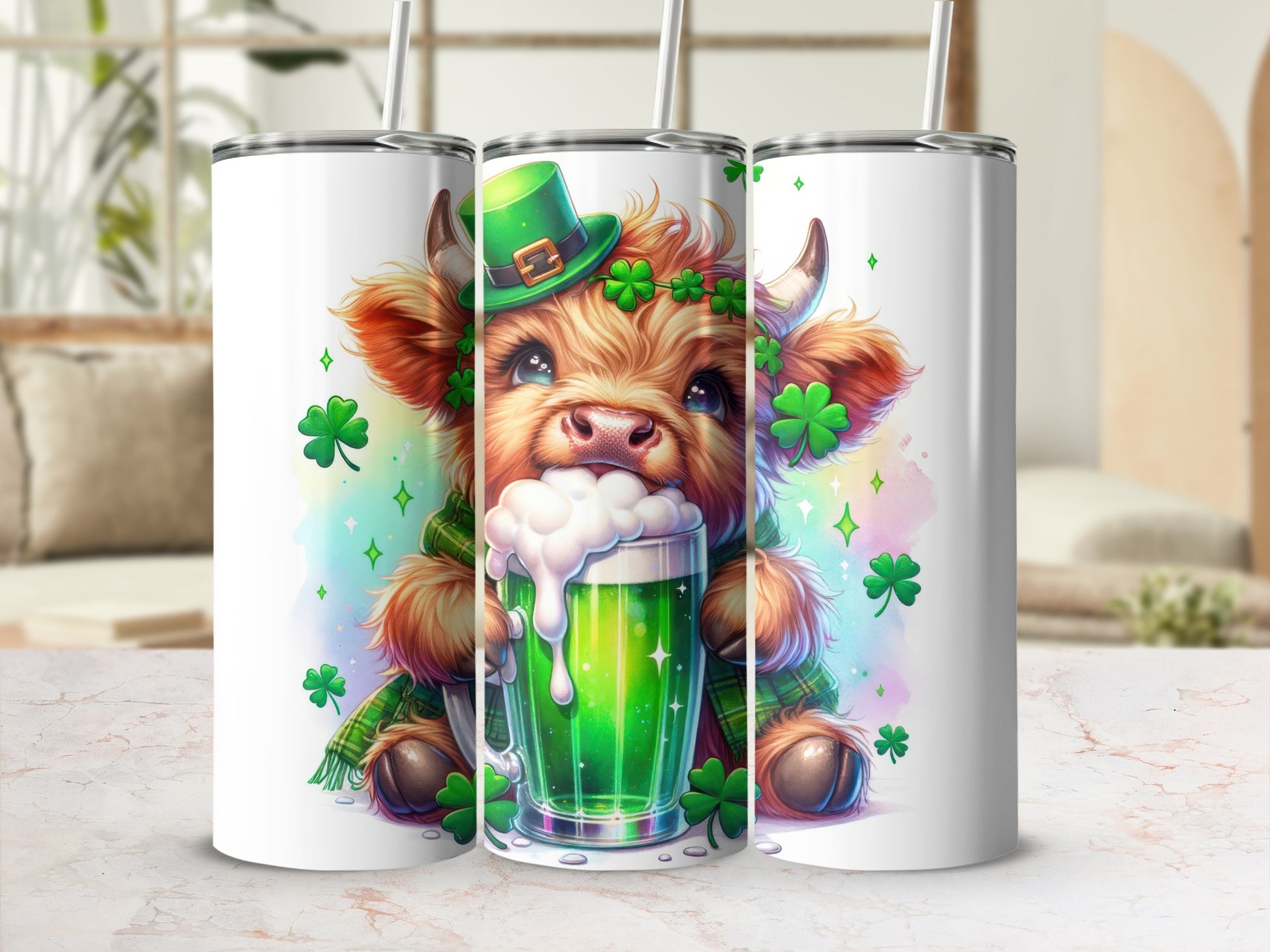 Highland cow in green hat holding frothy green beer with shamrocks.
