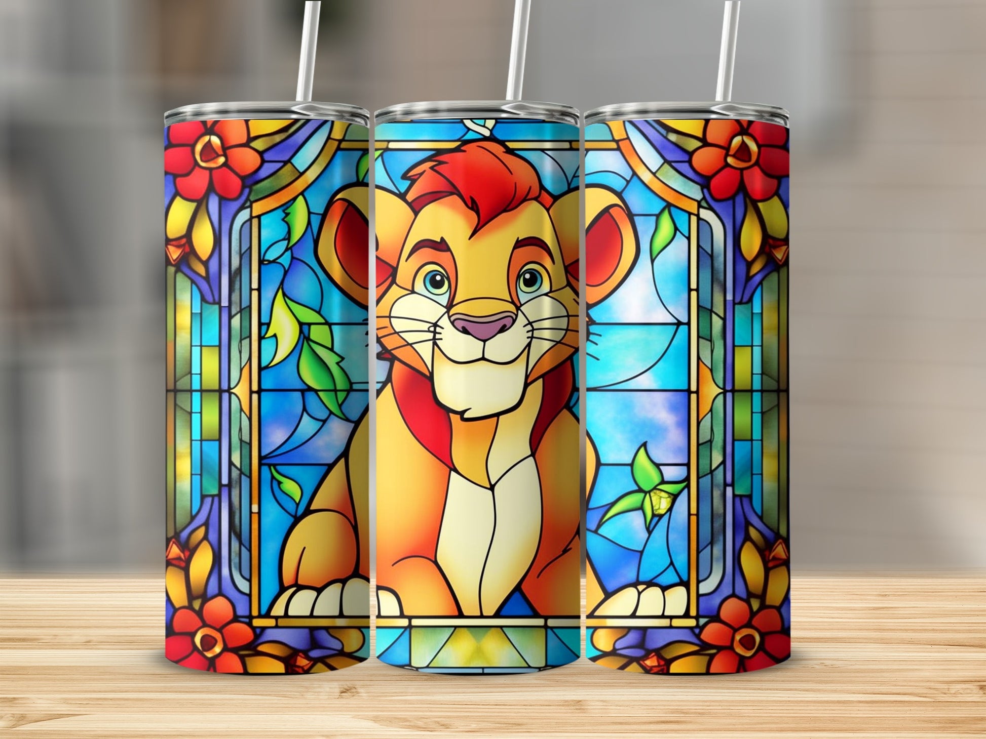 Stained Glass Style Colorful Lion Character Tumbler