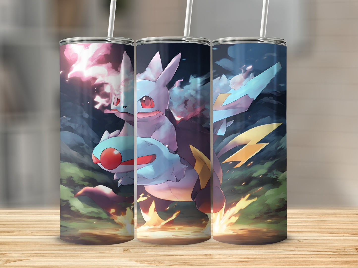 Three Pokemon characters in a dramatic, fiery scene.