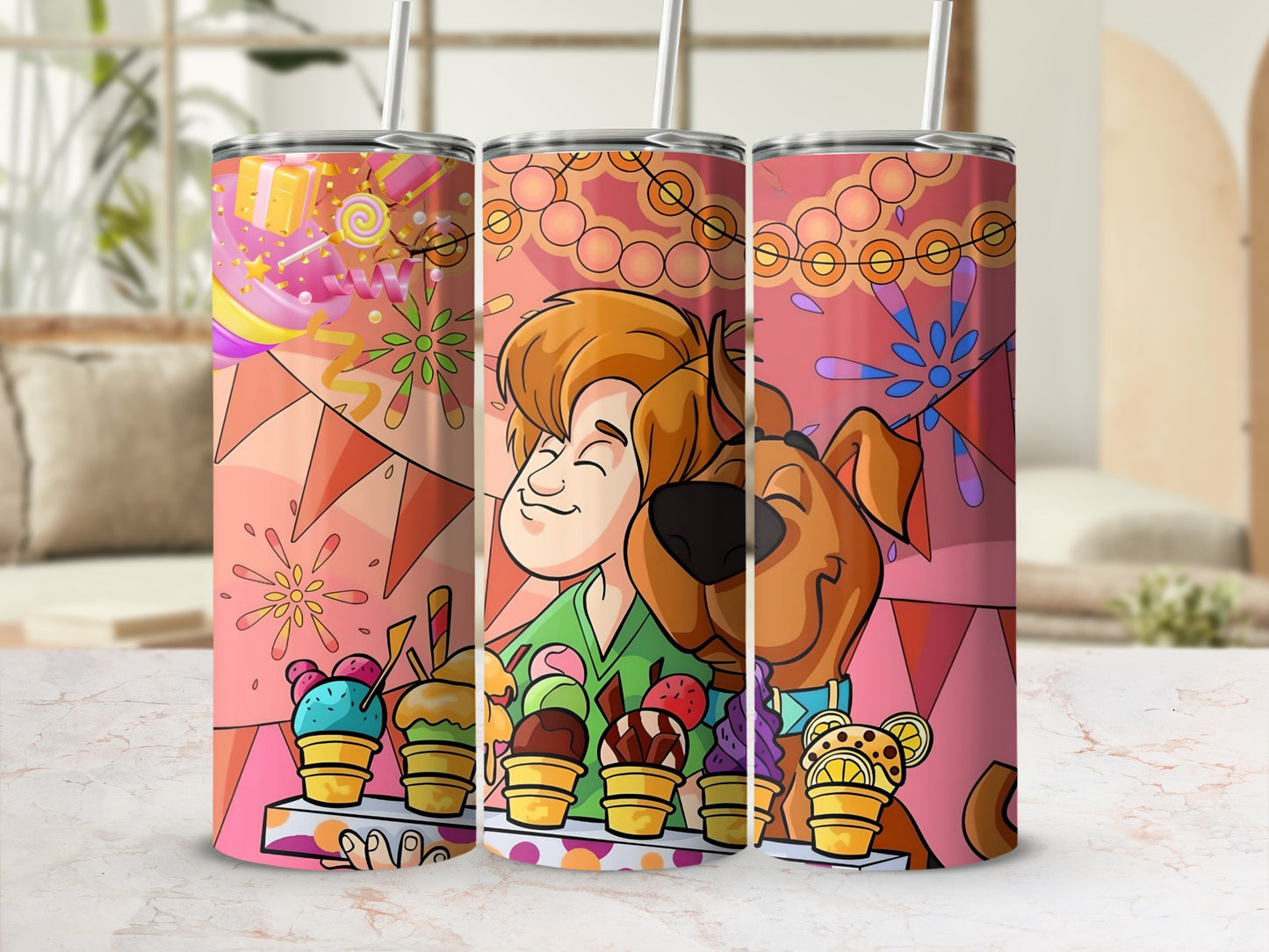Scooby-Doo and Shaggy with ice cream cones and festive decorations.
