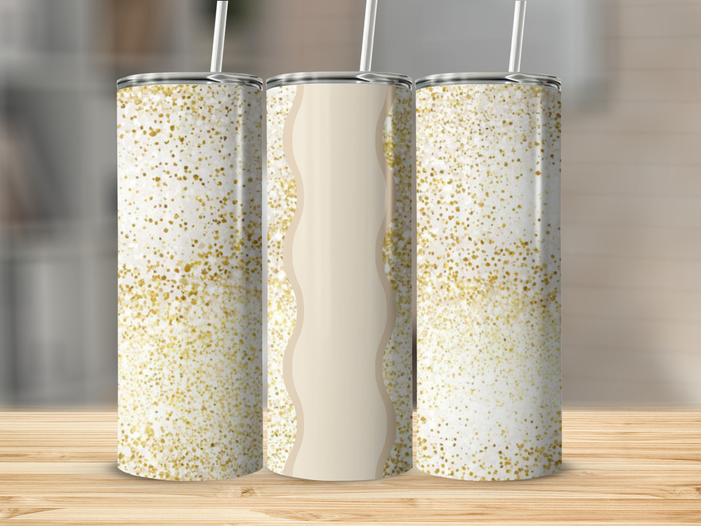 Three tumblers with gold glitter and beige wavy detail.