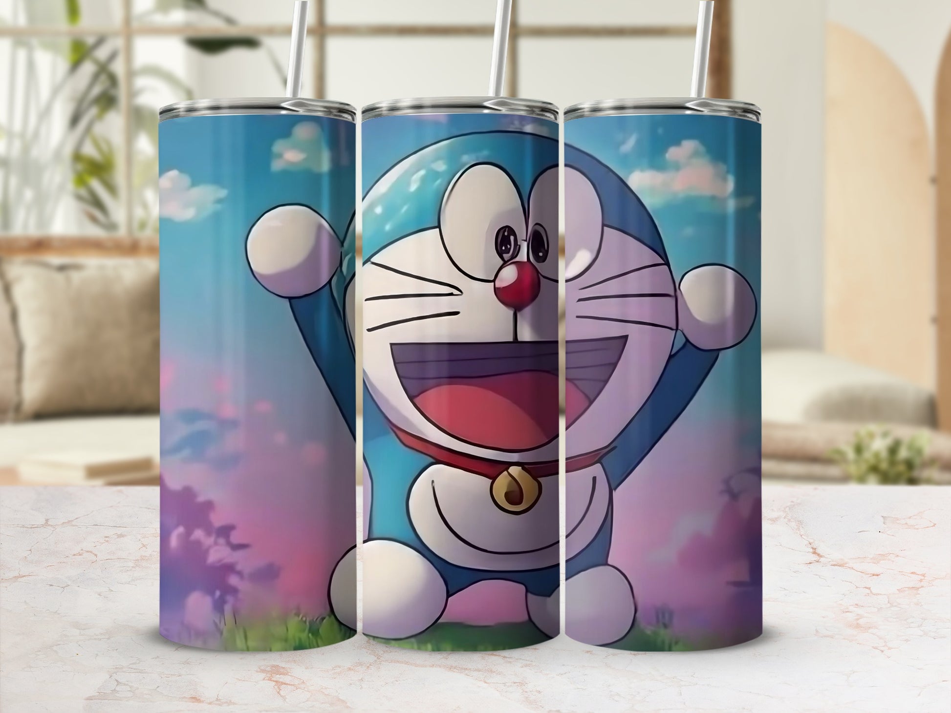 Cheerful Doraemon Sky Background Travel Mug