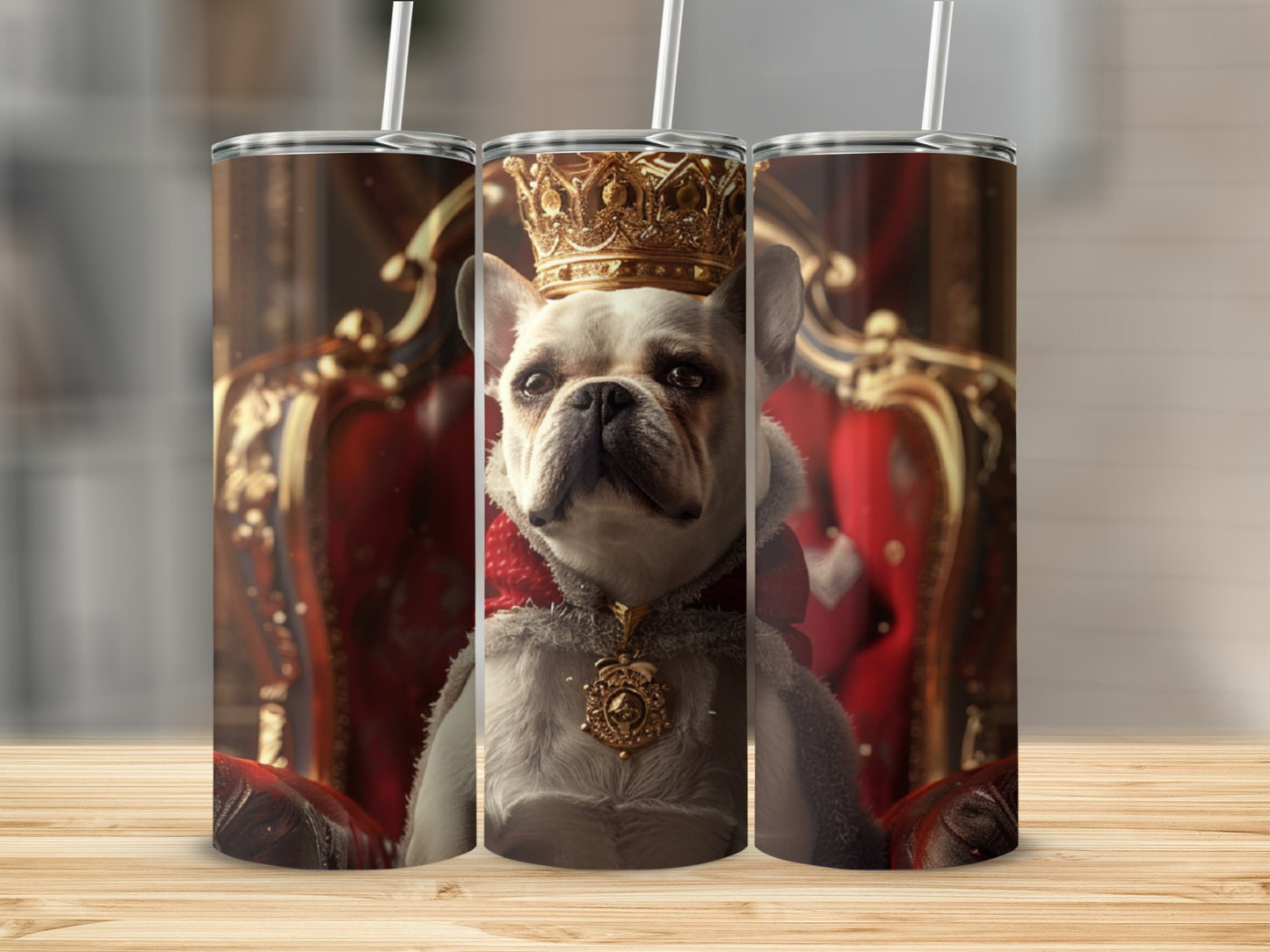 French bulldog wearing a crown and royal attire sits on a throne.