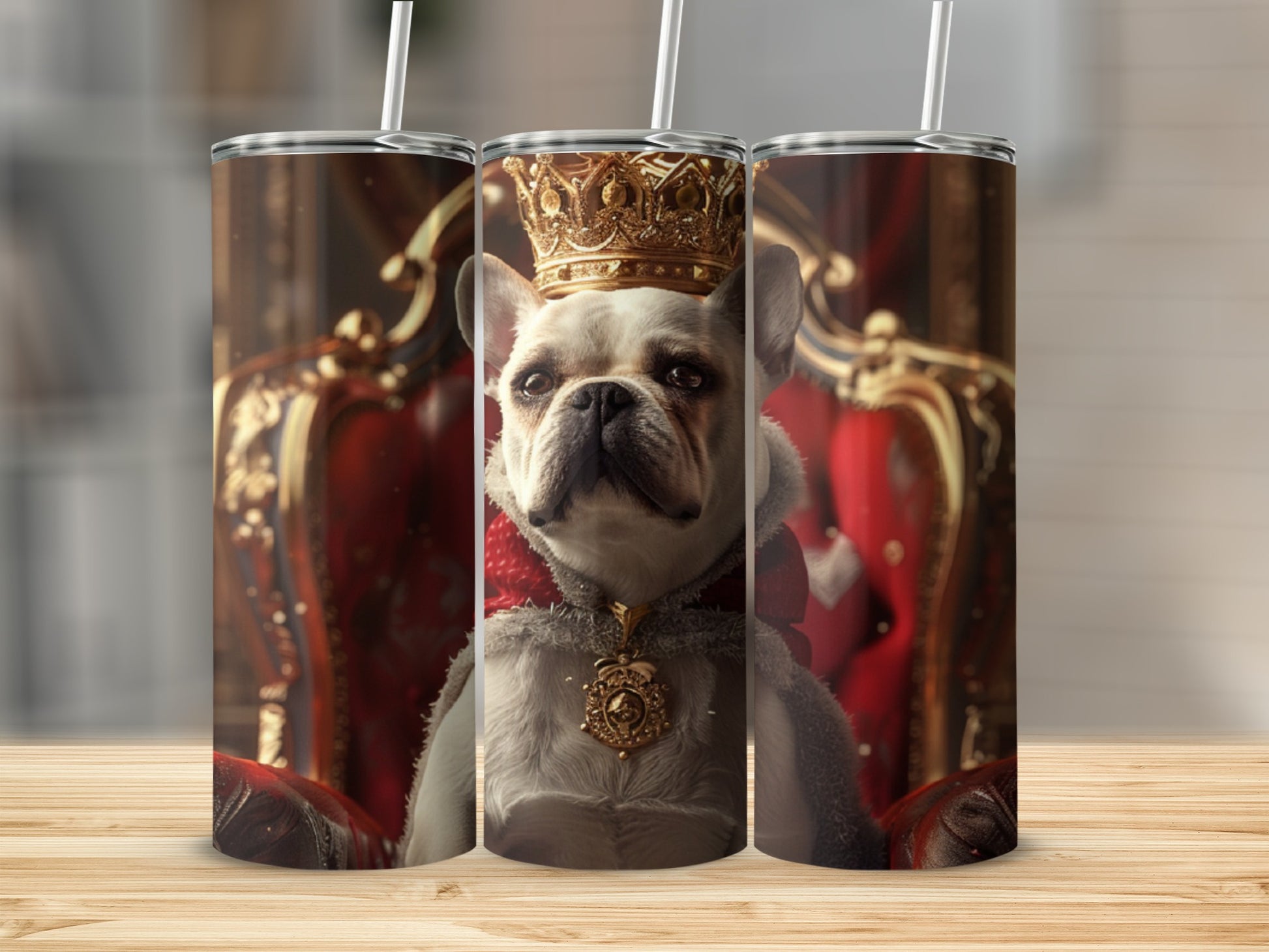 French bulldog wearing a crown and royal attire sits on a throne.