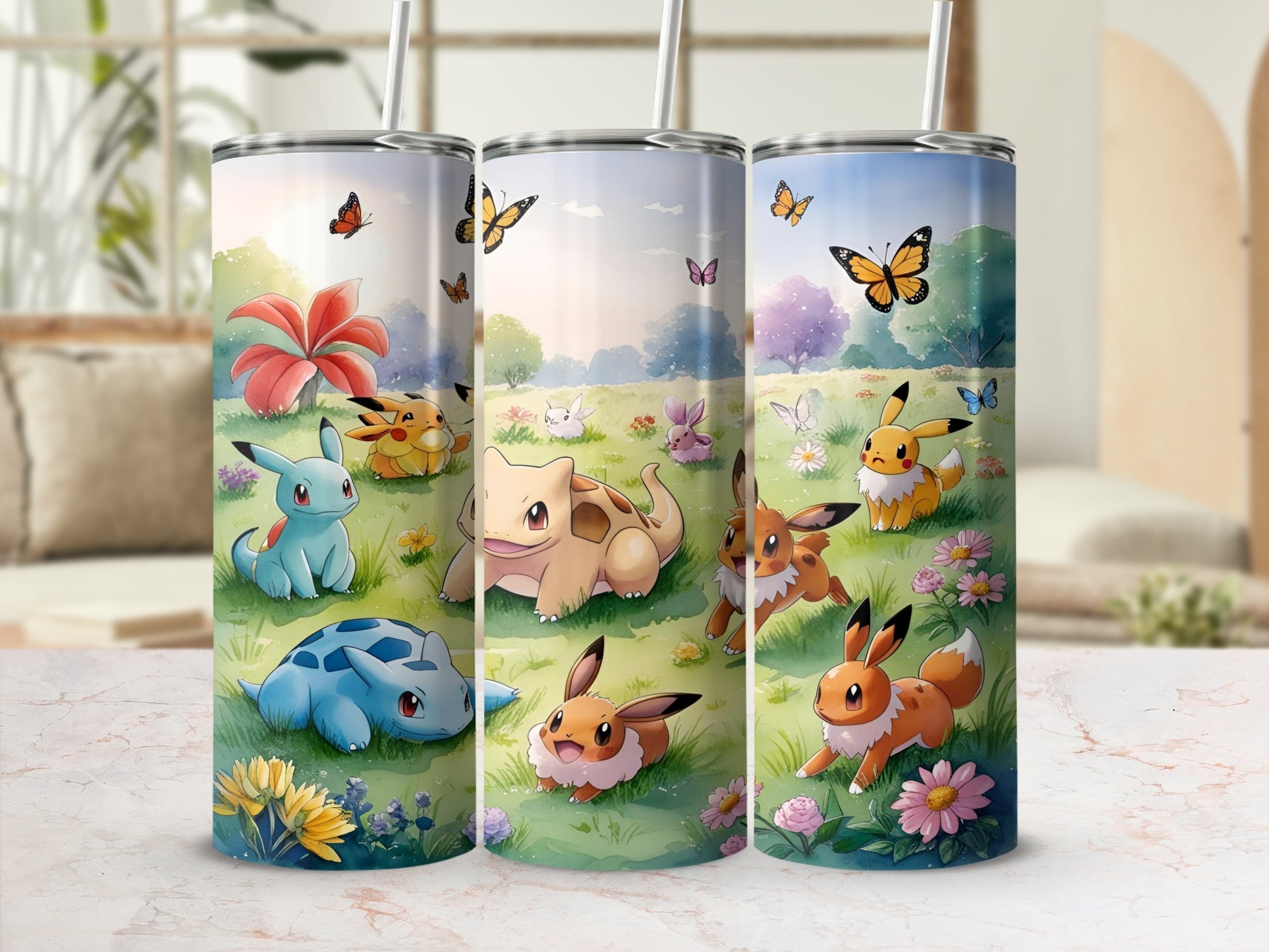 Pokemon characters including Pikachu, Bulbasaur, and Squirtle in a grassy, sunlit meadow.