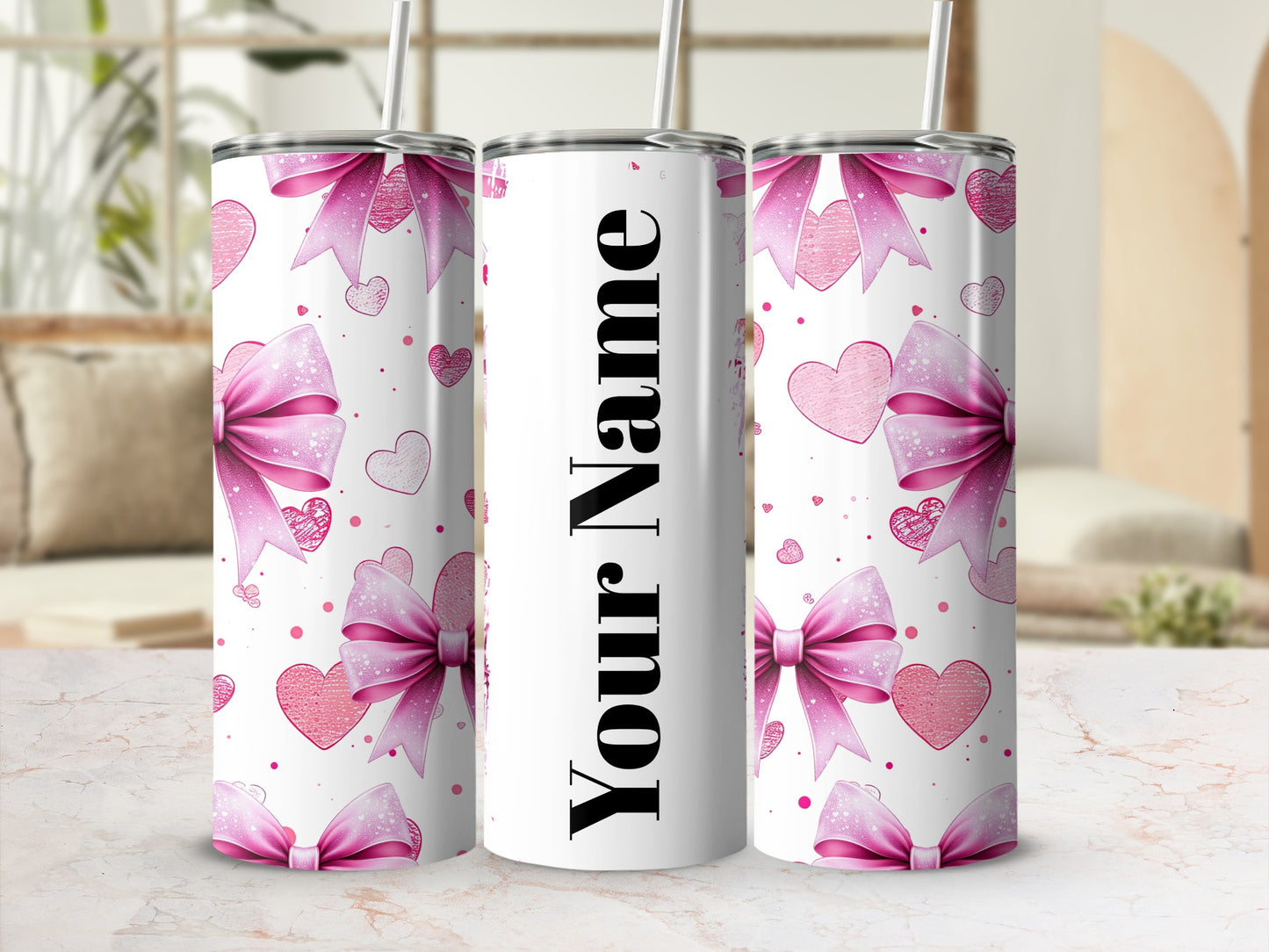 Personalized Pink Heart Bow Design Tumbler Cup