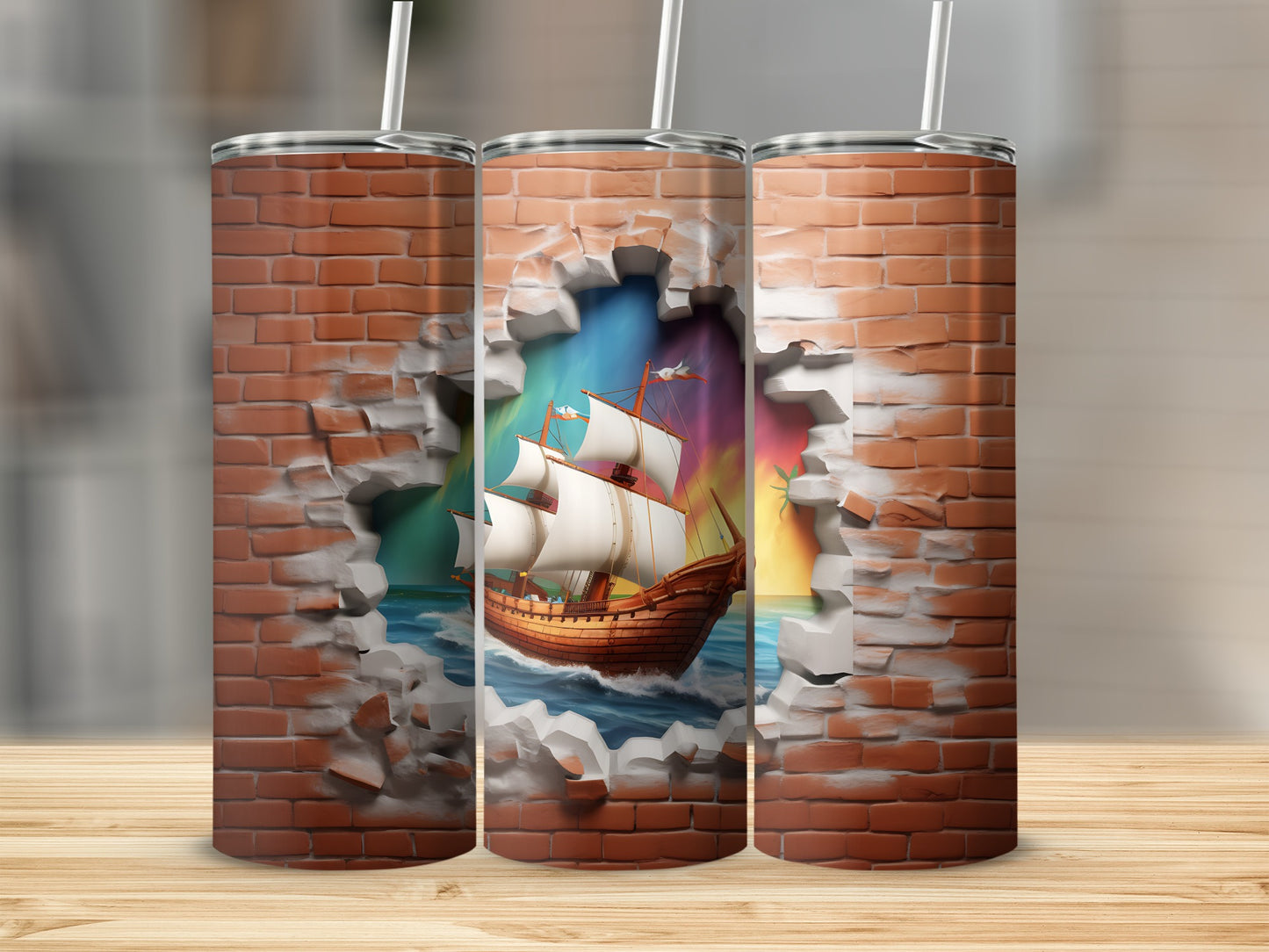 Sailing Ship Breaking Through Brick Wall Tumbler Cup