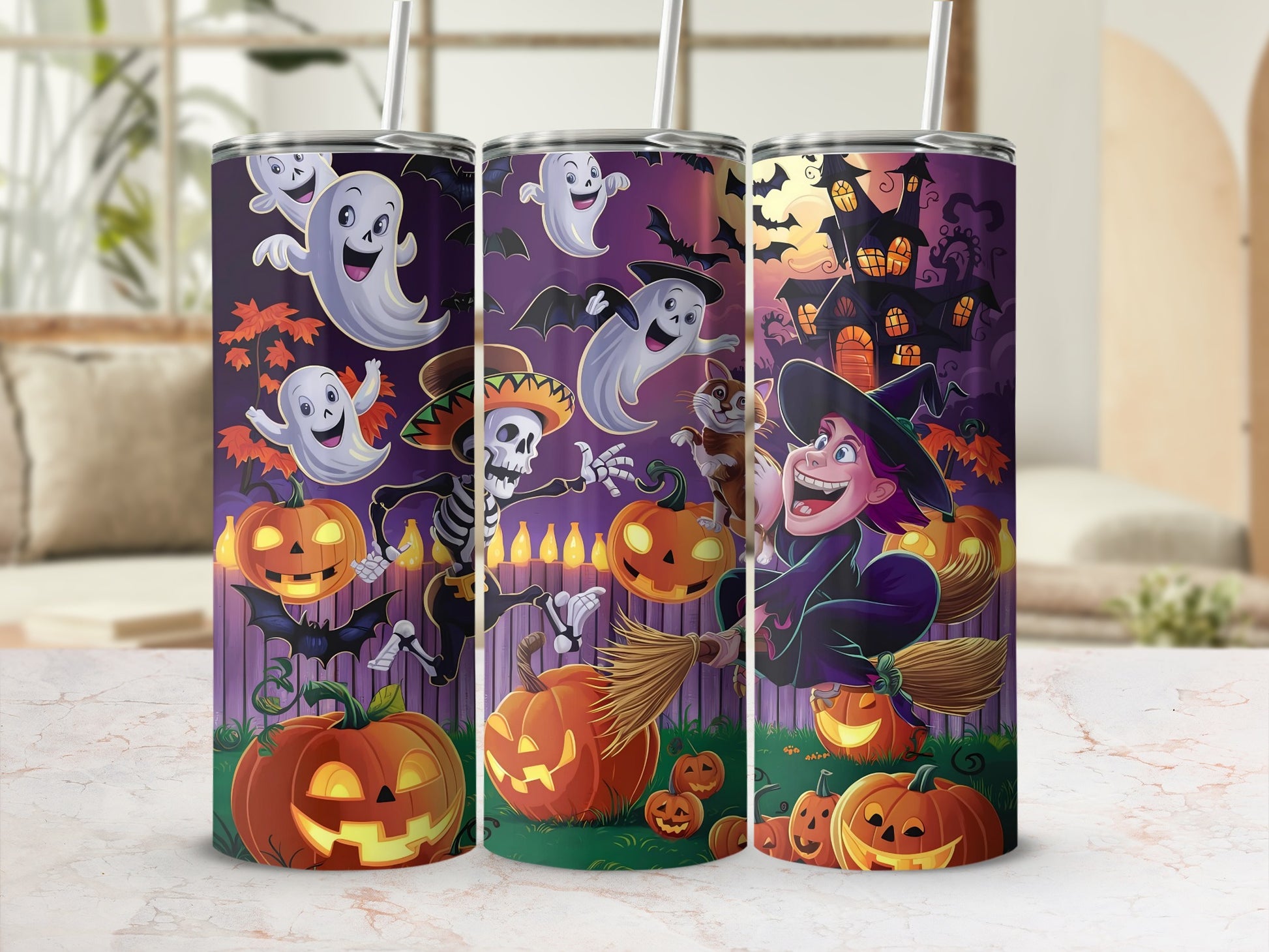 Halloween tumblers featuring ghosts, skeleton, witch, pumpkins, bats, and haunted house.