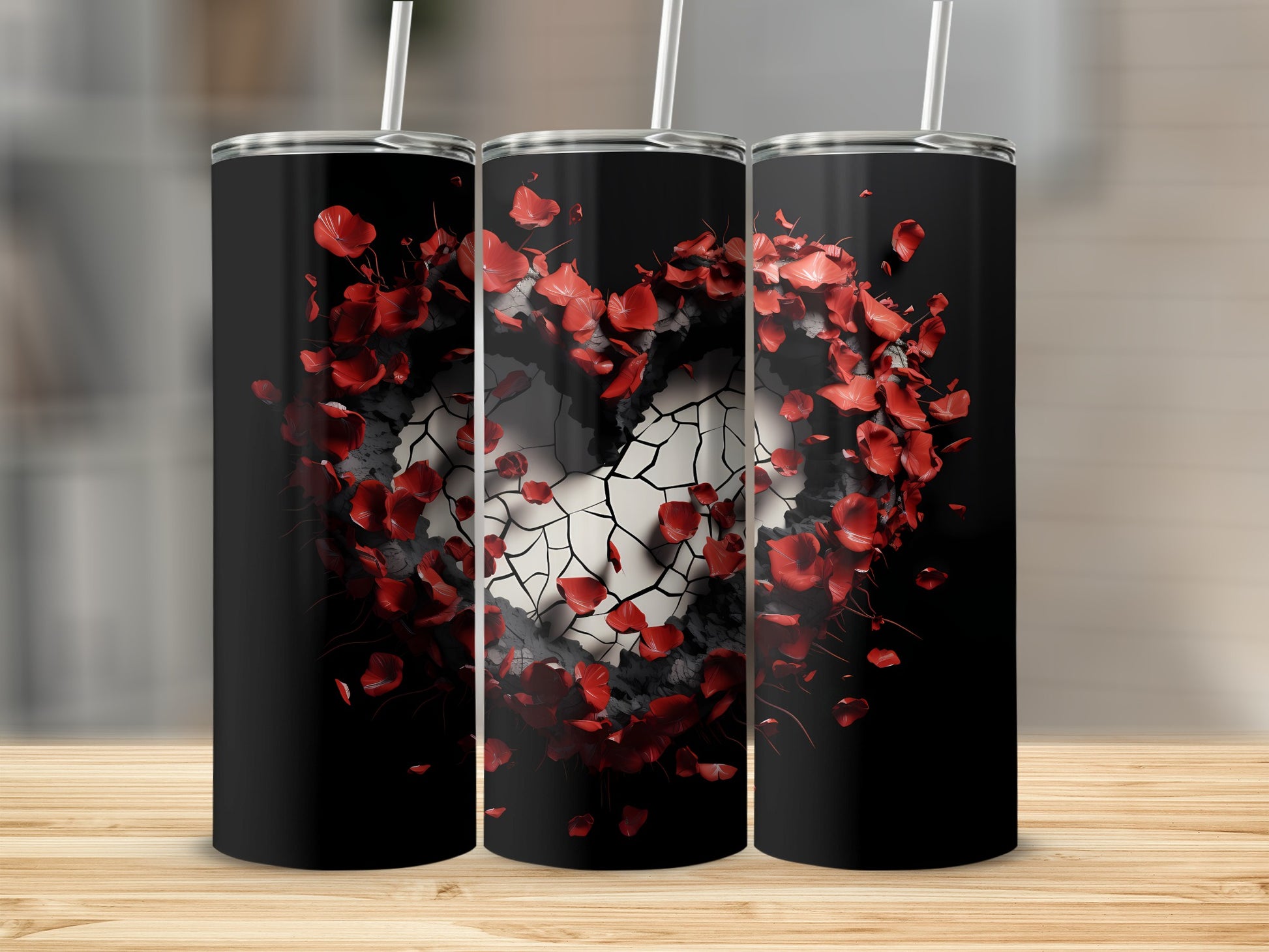 Cracked Heart Design with Rose Petals Tumbler