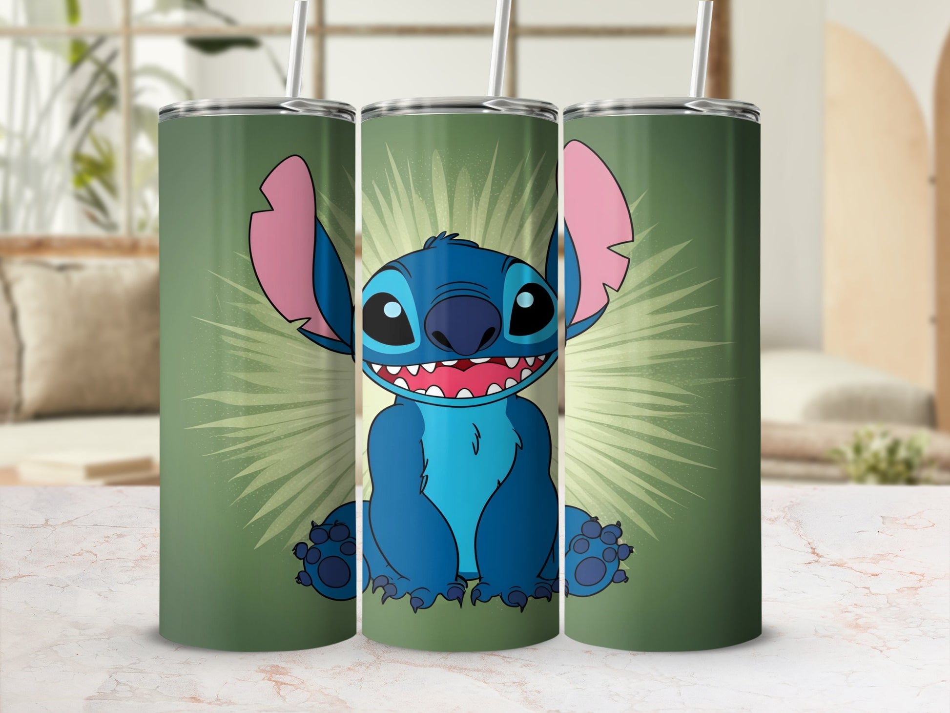 Blue Stitch character from Lilo & Stitch on a green gradient background.