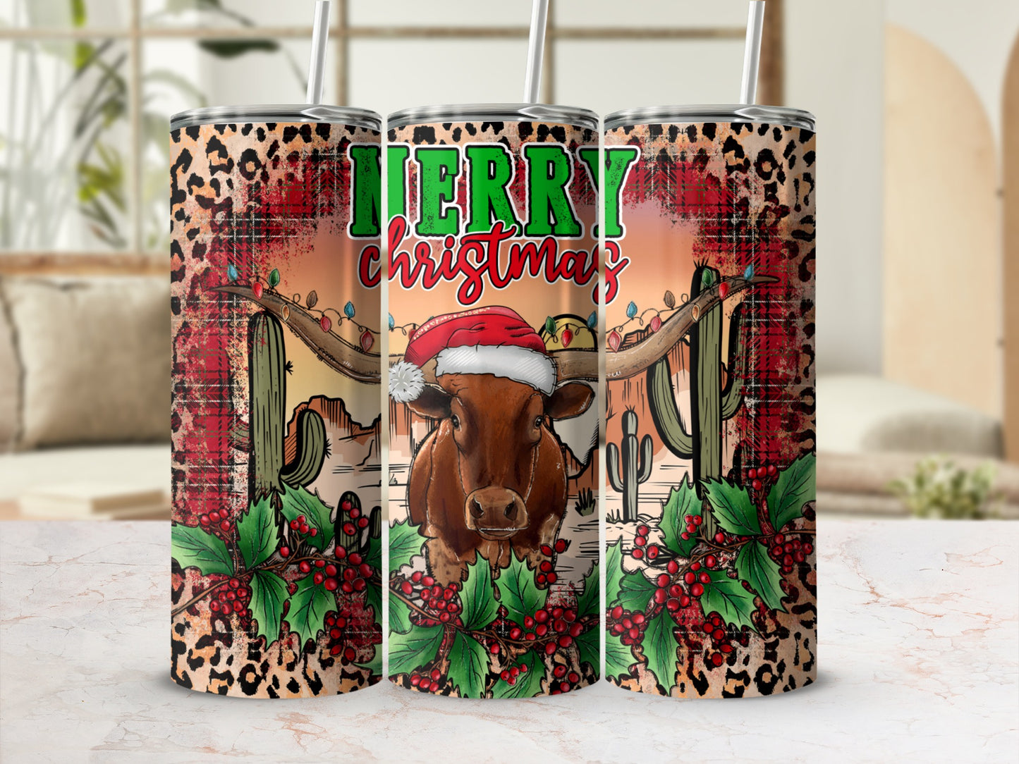 Christmas tumbler with a longhorn, Santa hat, holly, and leopard print.