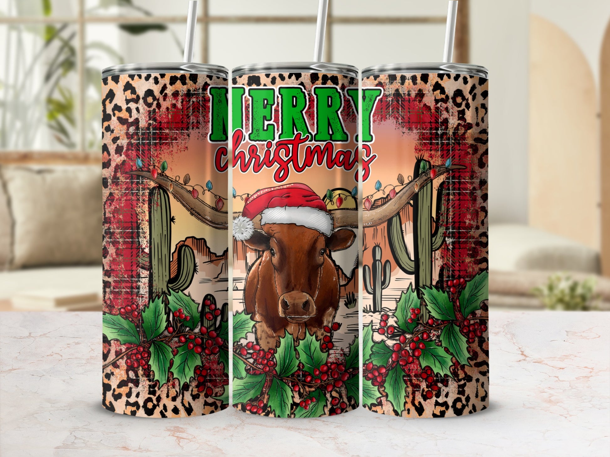 Christmas tumbler with a longhorn, Santa hat, holly, and leopard print.