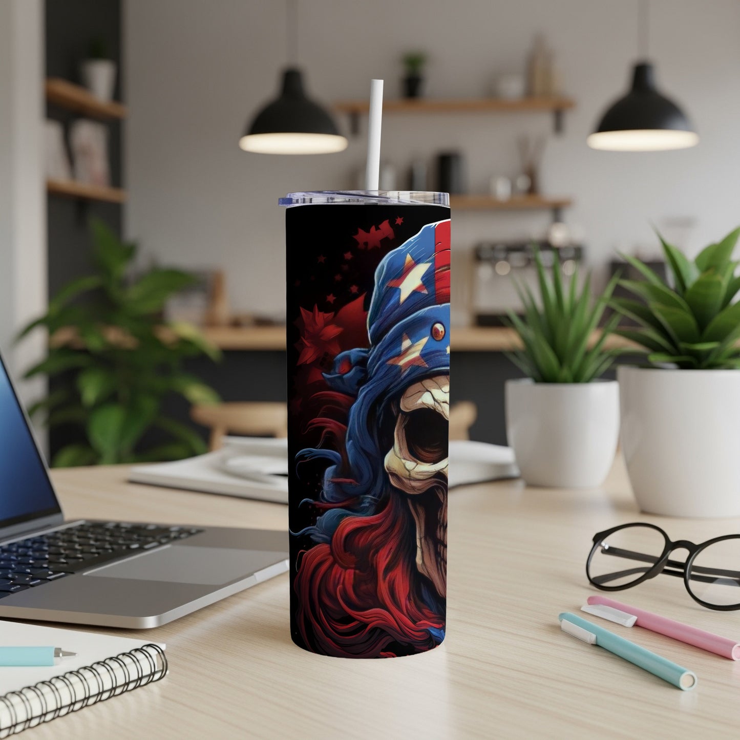 Red, white, and blue skull tumbler with patriotic stars and leaves.