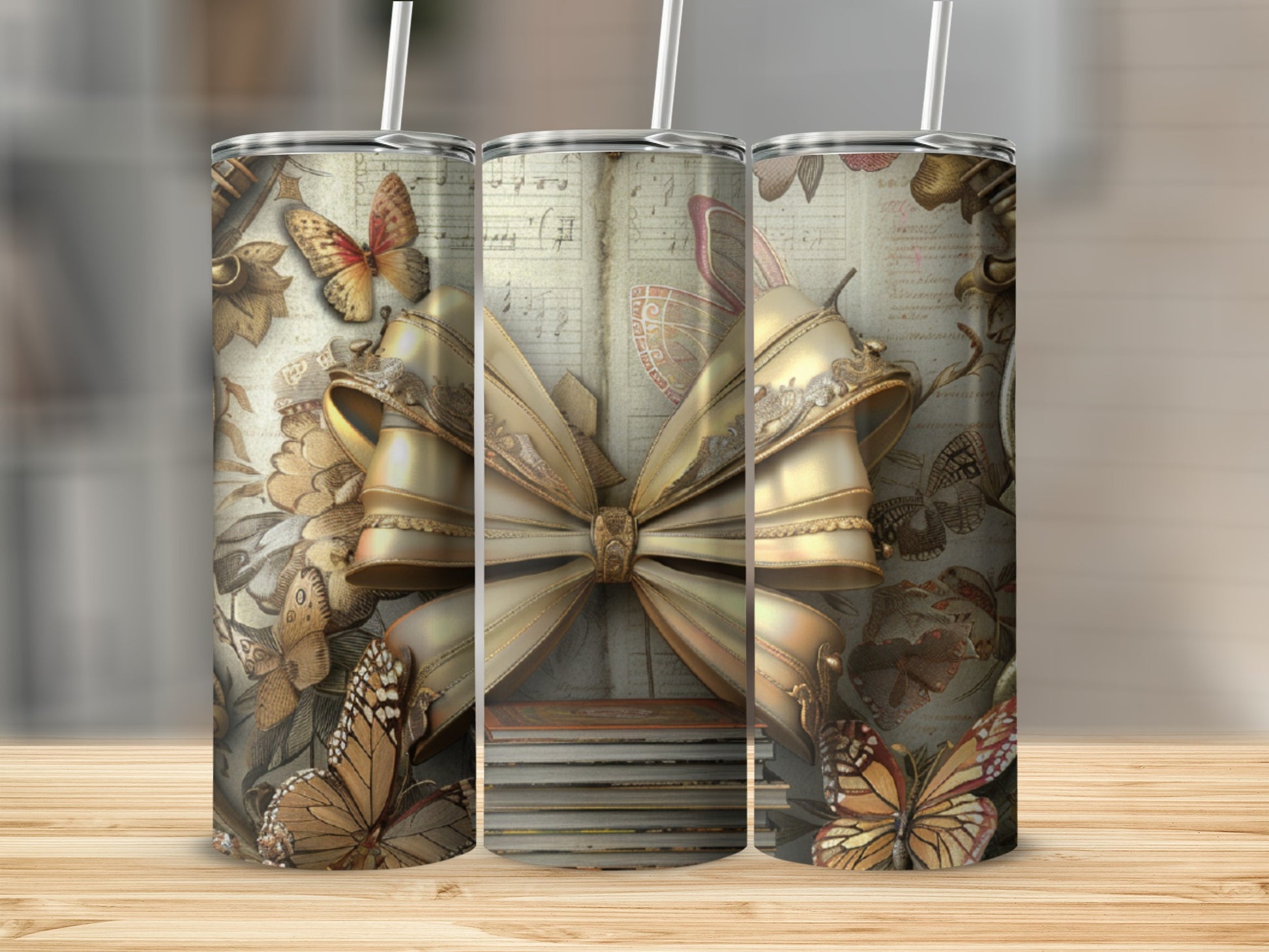 Triptych of tumblers featuring vintage music notes, ornate gold bows, and butterflies.