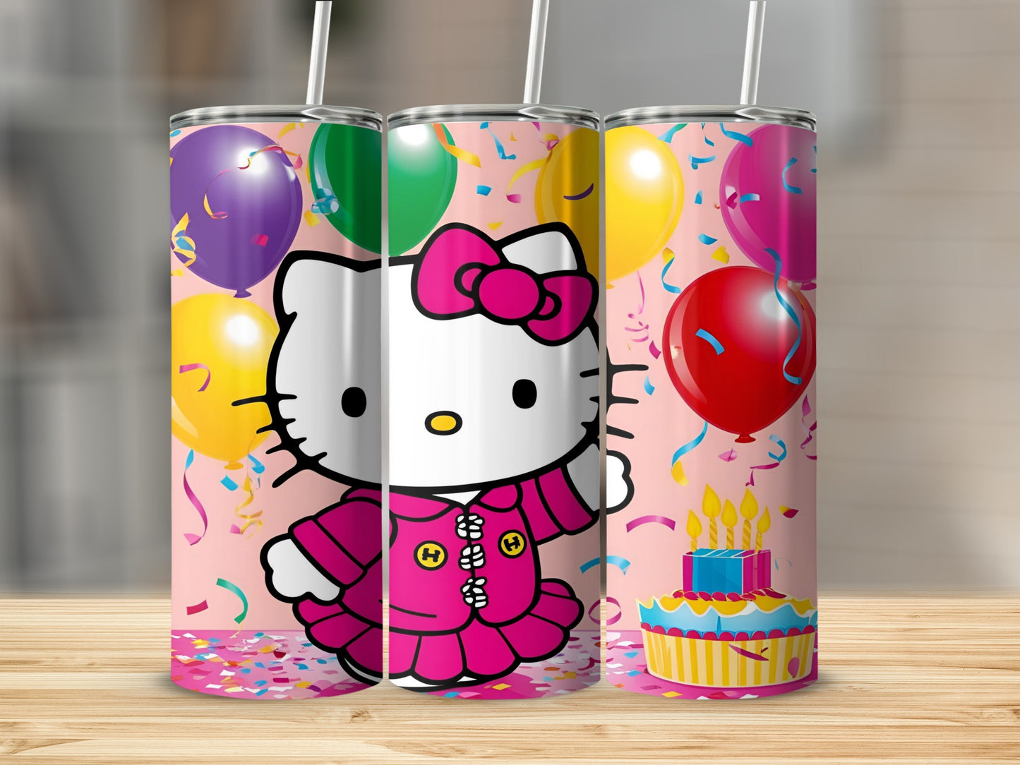 Hello Kitty in pink jacket with balloons and birthday cake.