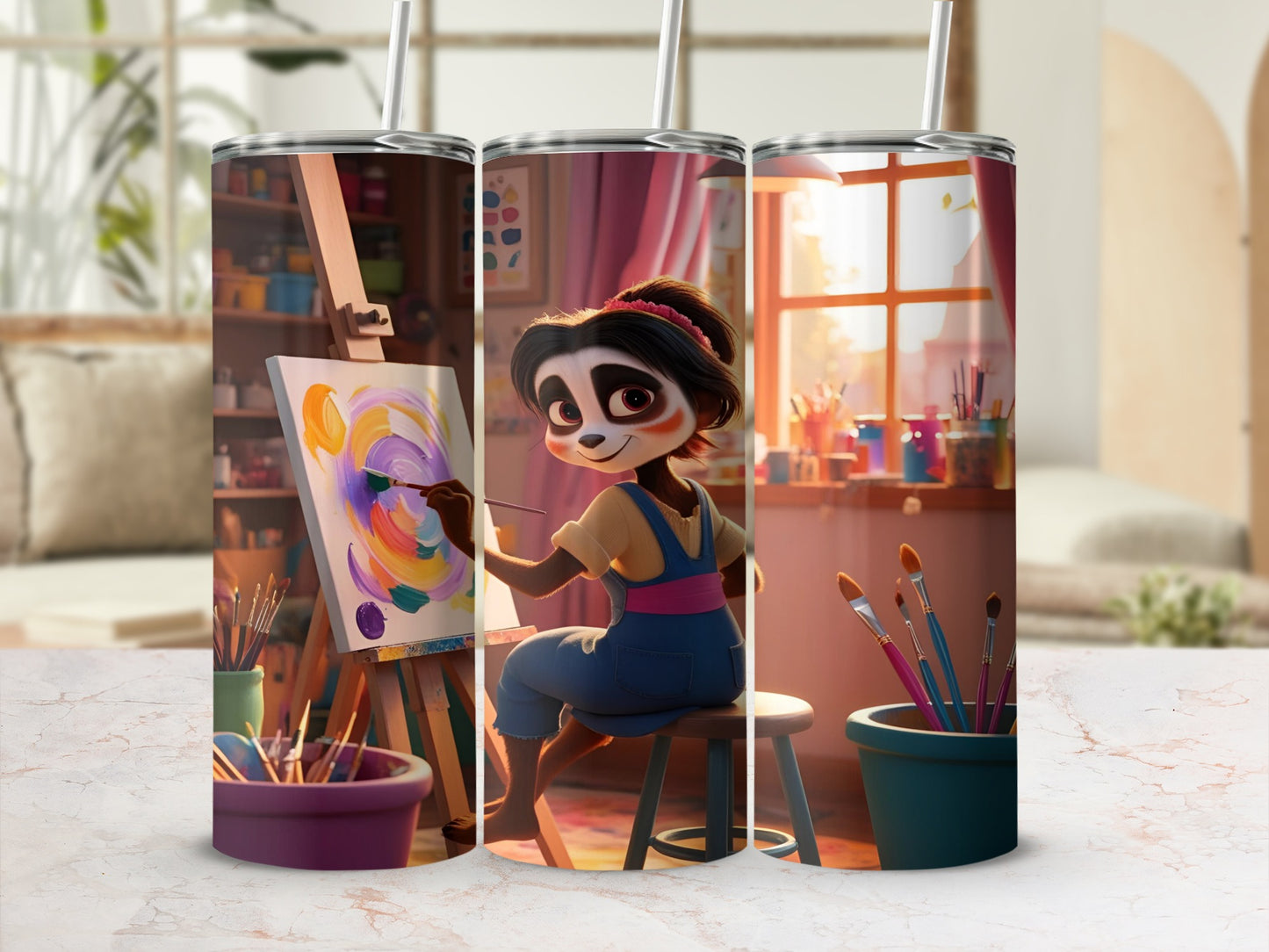Panda artist painting on easel in bright studio with art supplies.