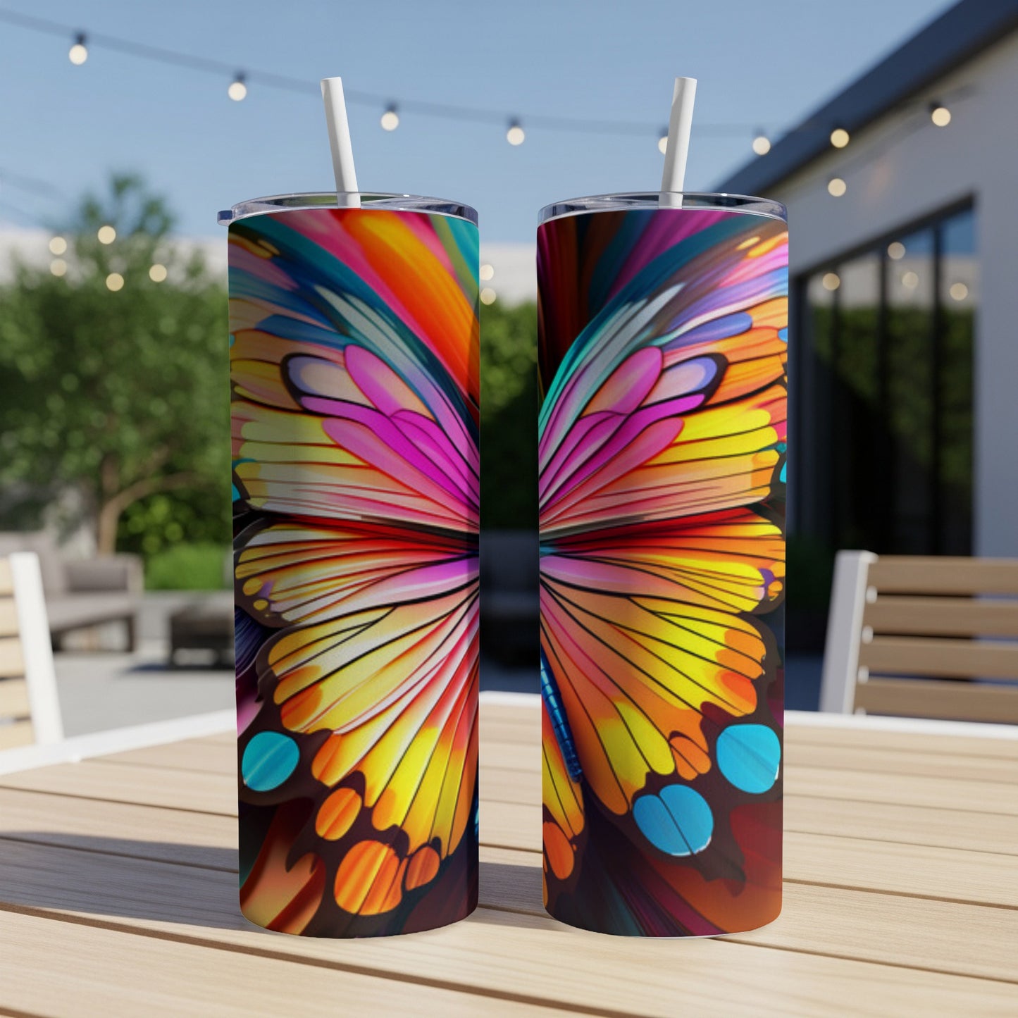 Two tumblers with colorful butterfly wing designs on a patio table.