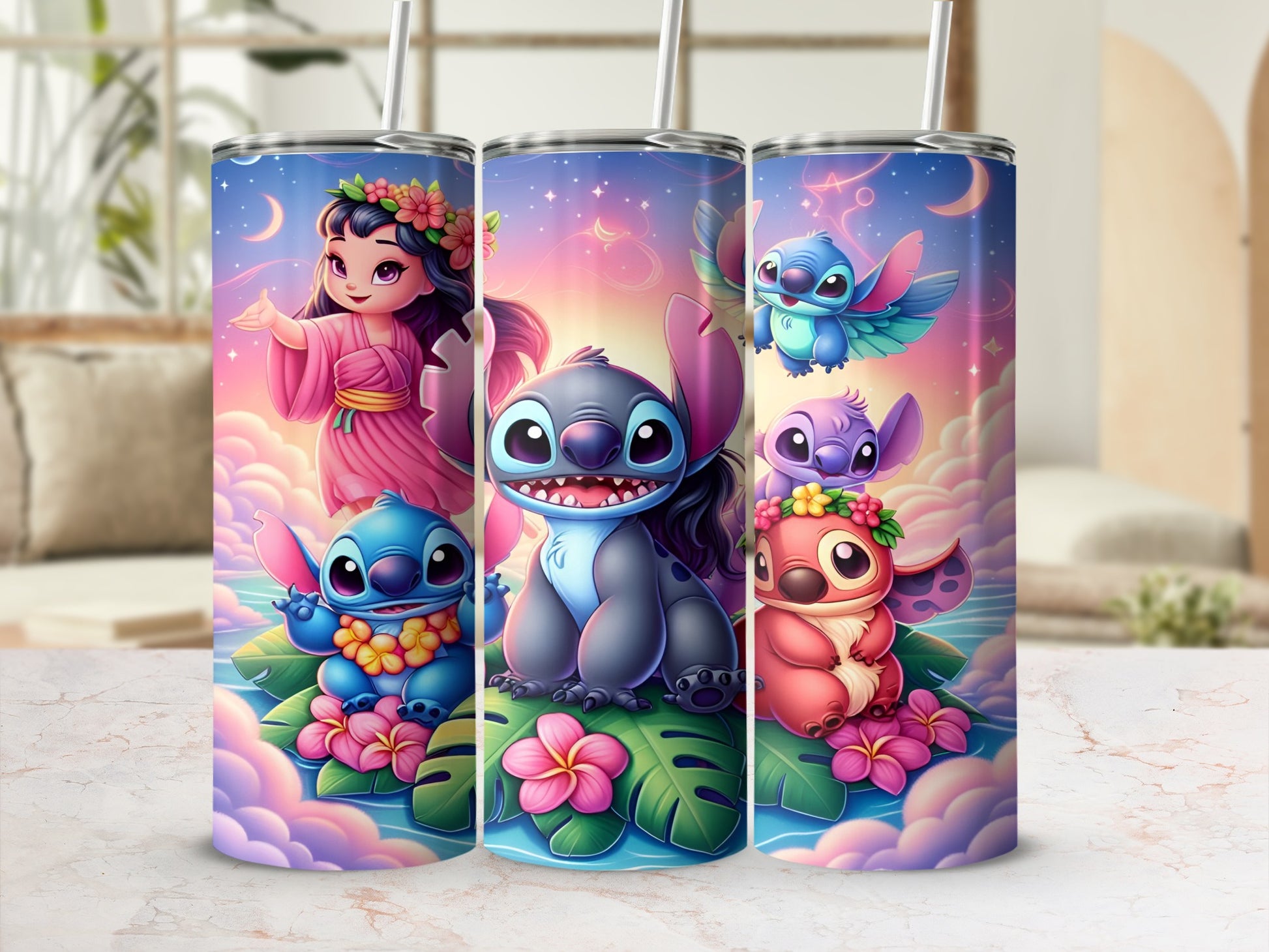 Stitch and Scrump with floral accents on a tropical-themed tumbler.