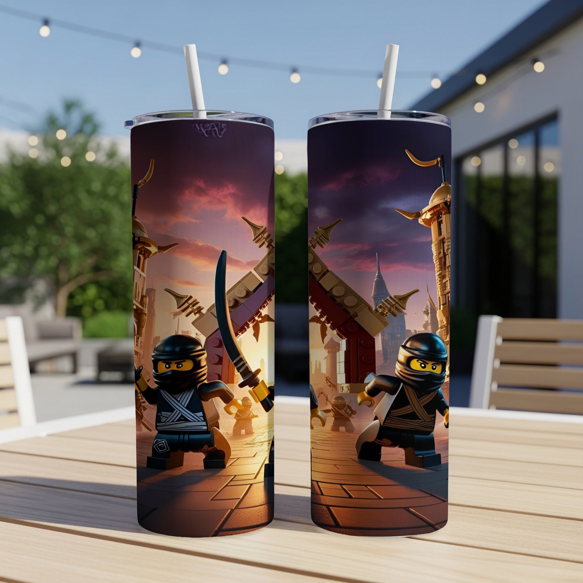 Two Ninjago tumblers featuring a Lego ninja character with katanas.