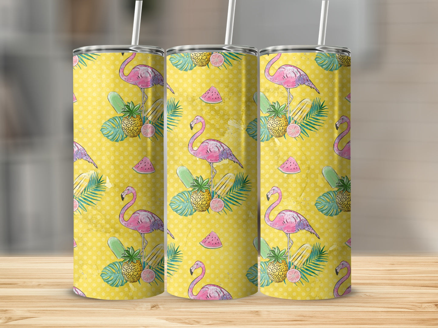 Pink flamingos, pineapples, and watermelon slices on a yellow polka dot background.