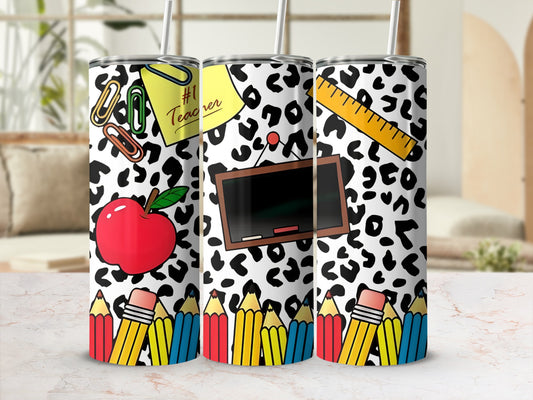 Teacher-themed tumbler with pencils, apple, and ruler on leopard print.