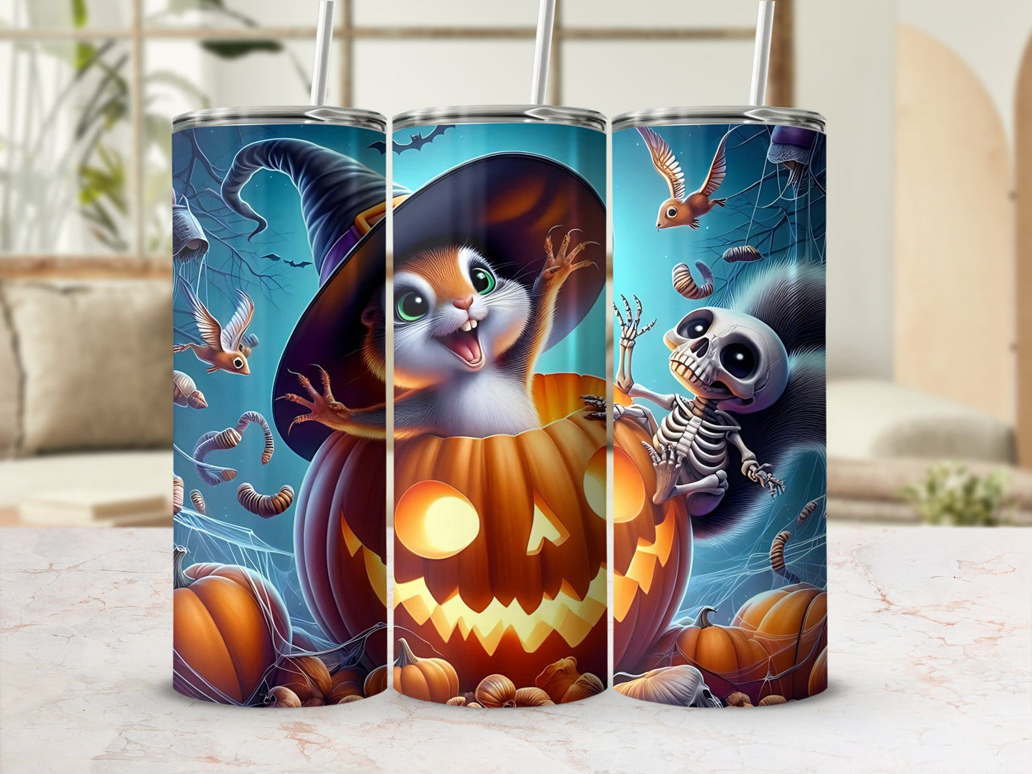Halloween tumblers with a squirrel in a witch hat and a skeleton near pumpkins.