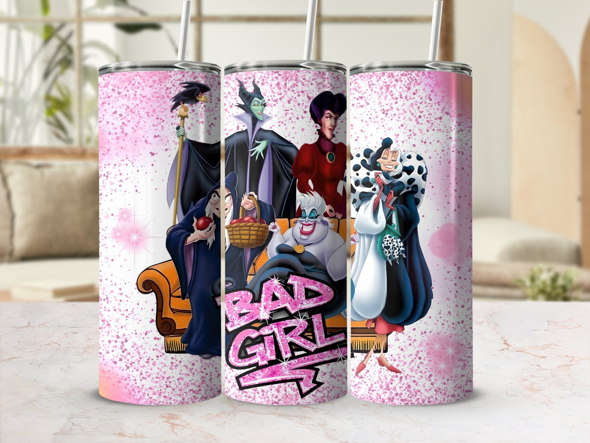 Villain Characters with Pink Splash Design Tumbler