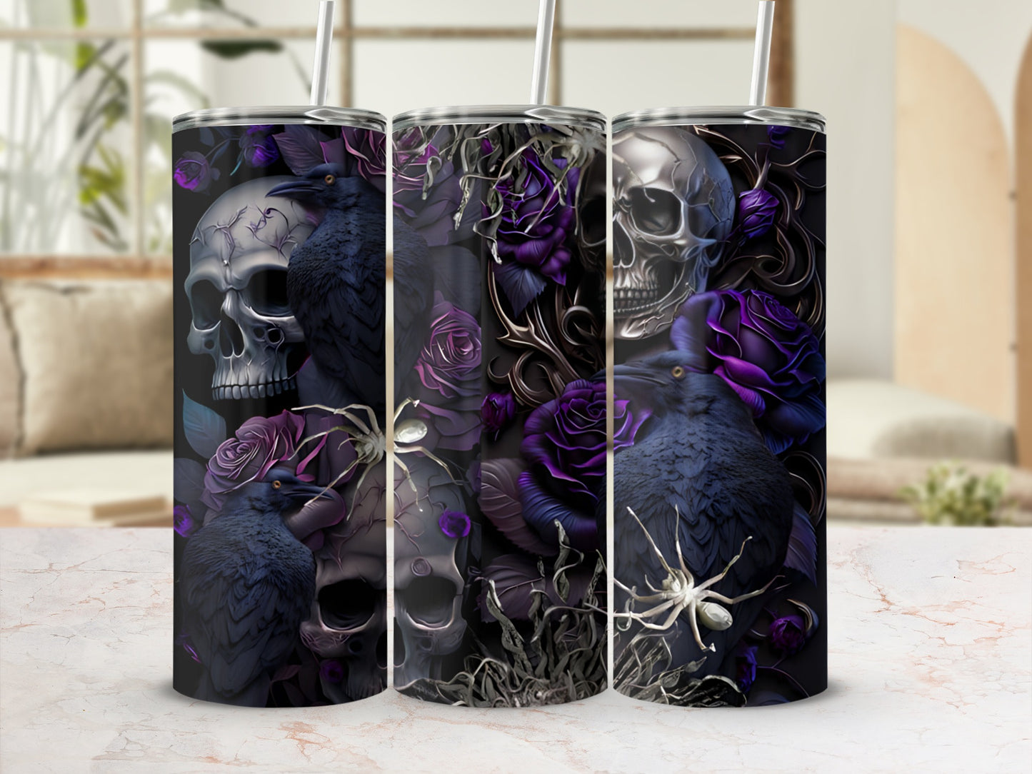 Dark Gothic tumbler with skulls, ravens, roses, and spiders.