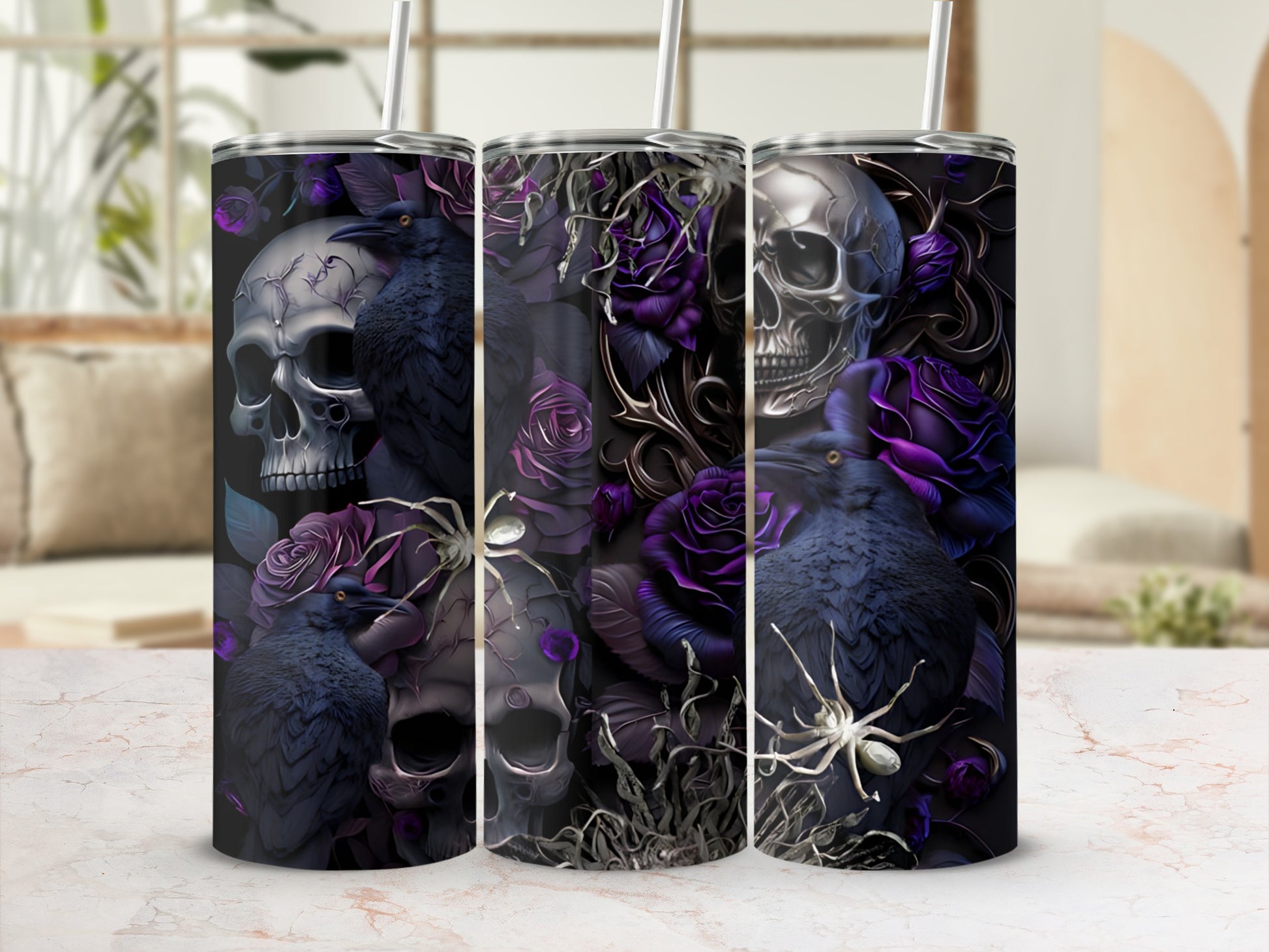 Dark Gothic tumbler with skulls, ravens, roses, and spiders.