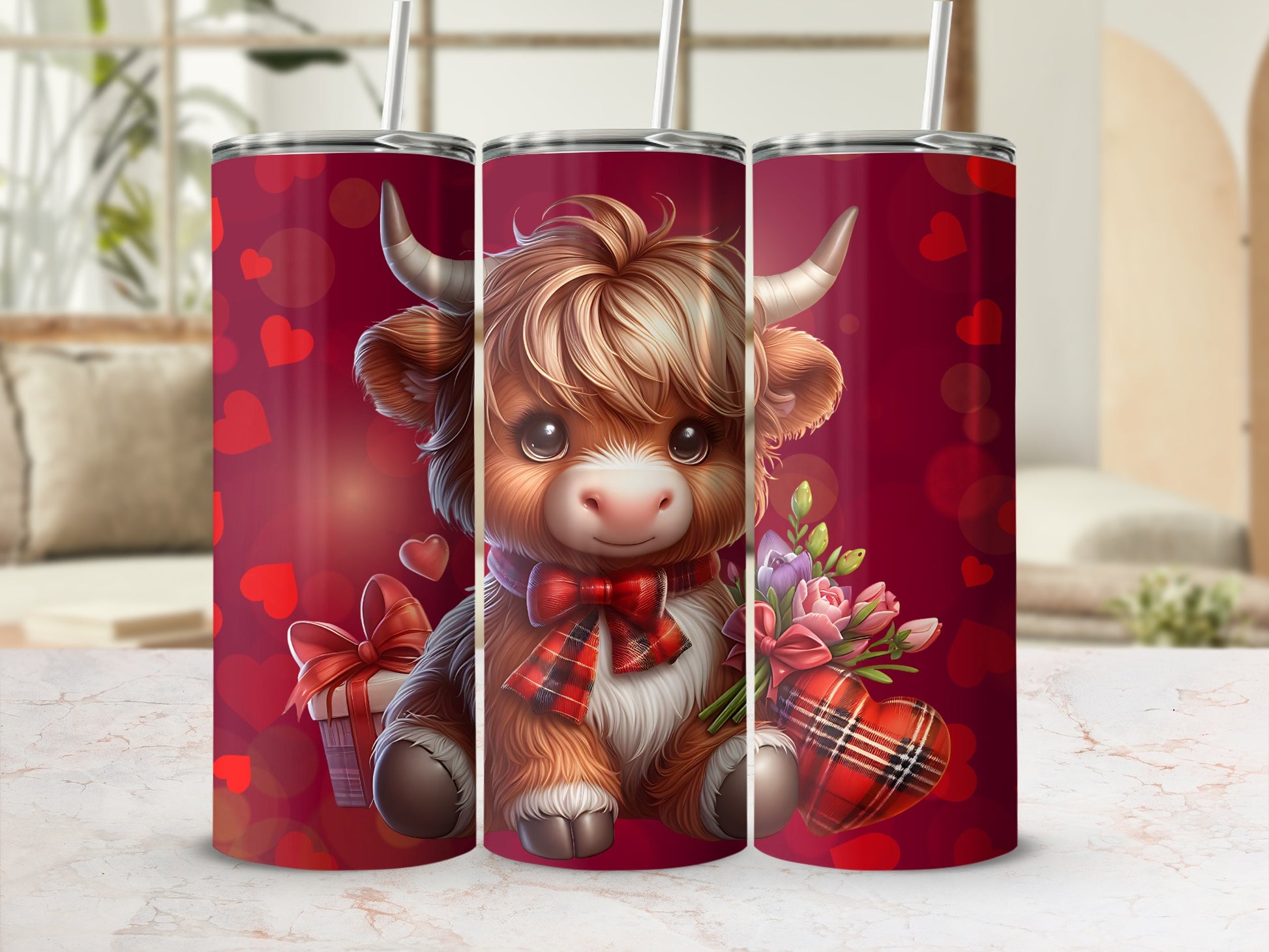 Cute Valentine Highland Cow Design Tumbler Flask