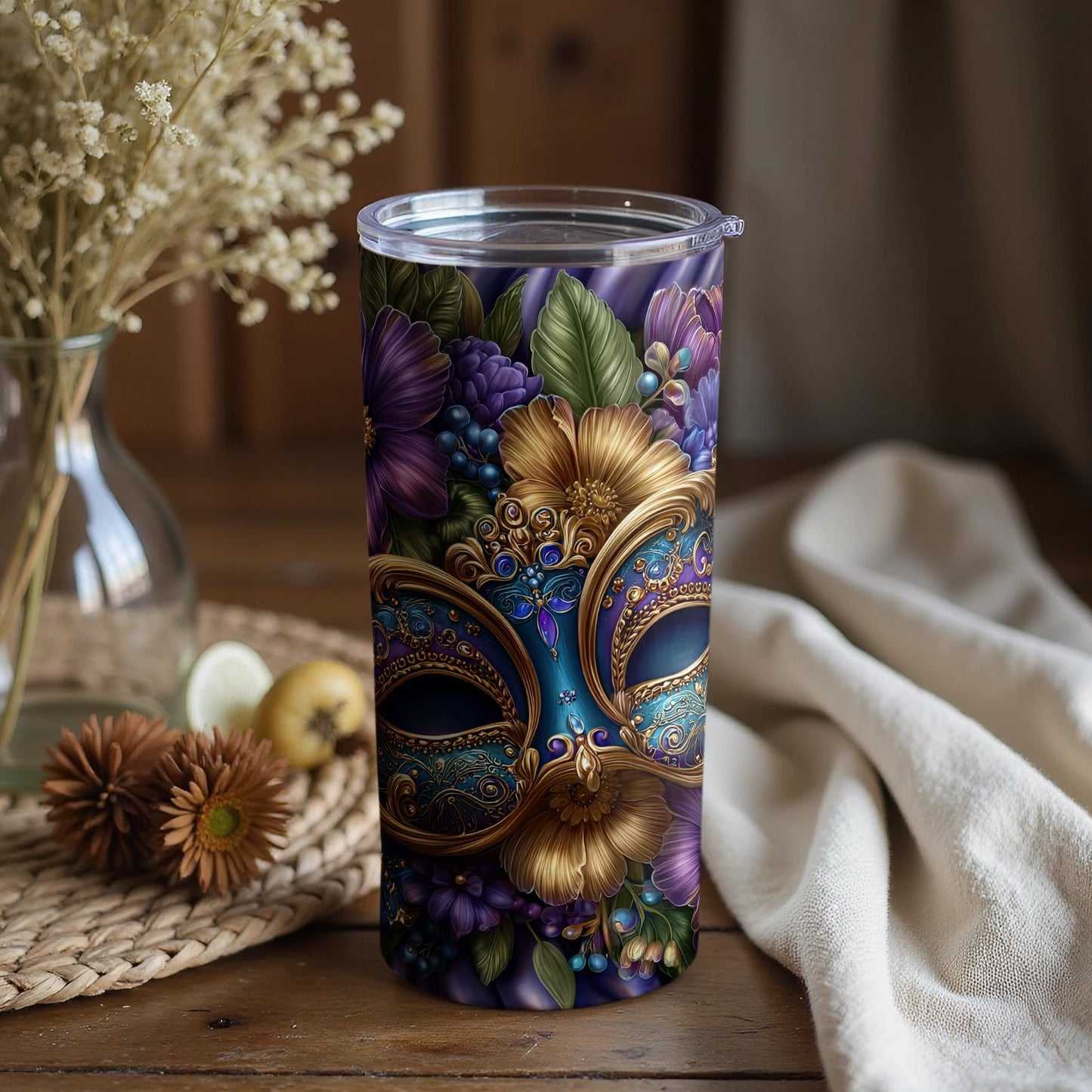 Colorful Floral and Gold Mask Design Tumbler