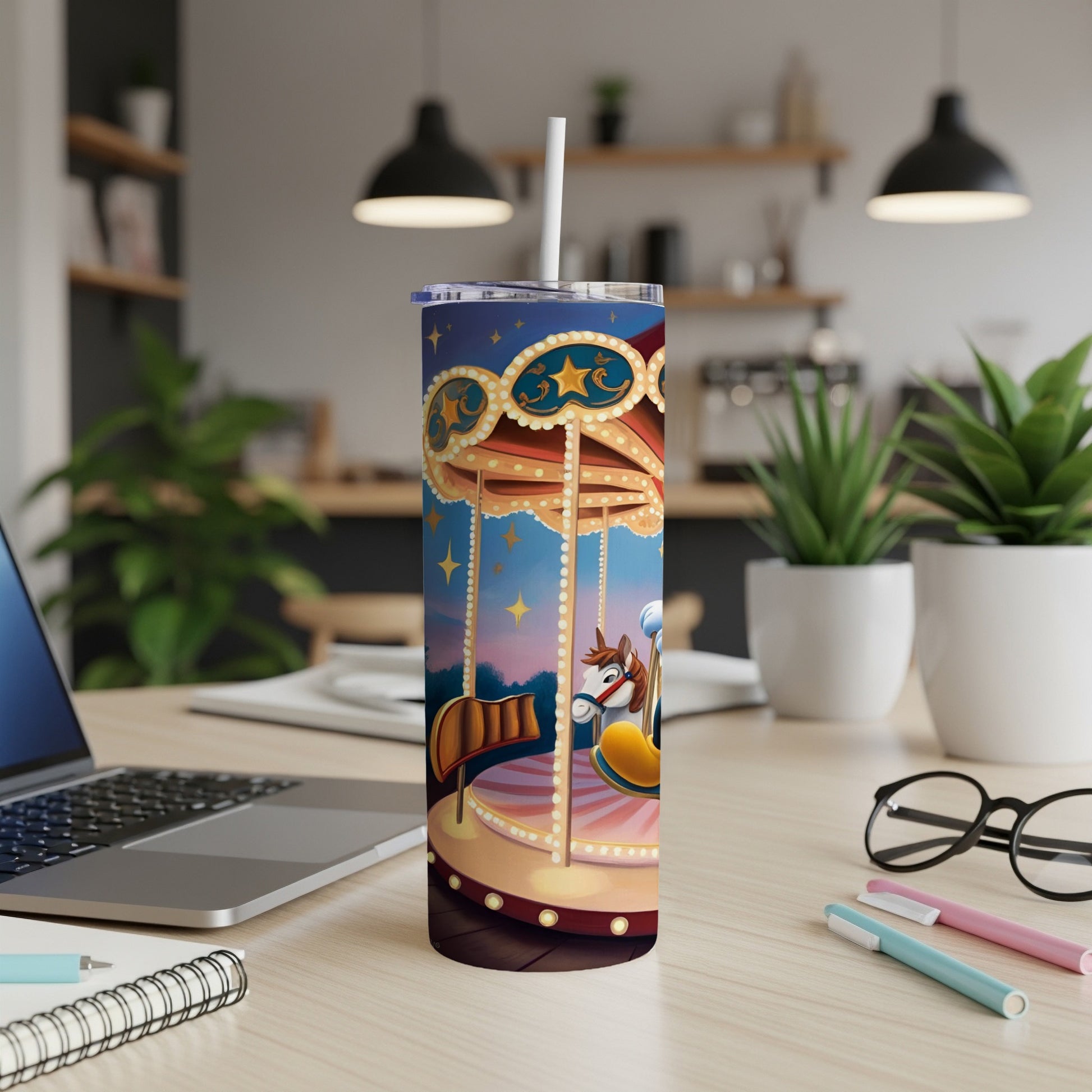 Carousel tumbler with horse and starry night sky.