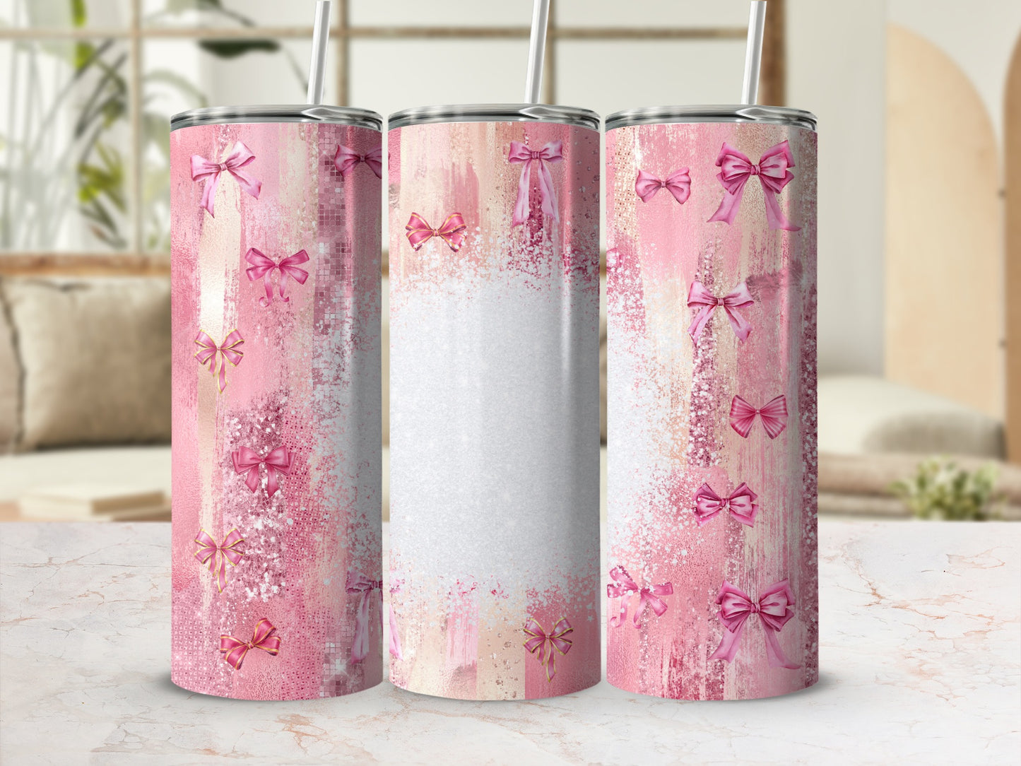 Pink sublimation tumbler with glitter and bow designs.