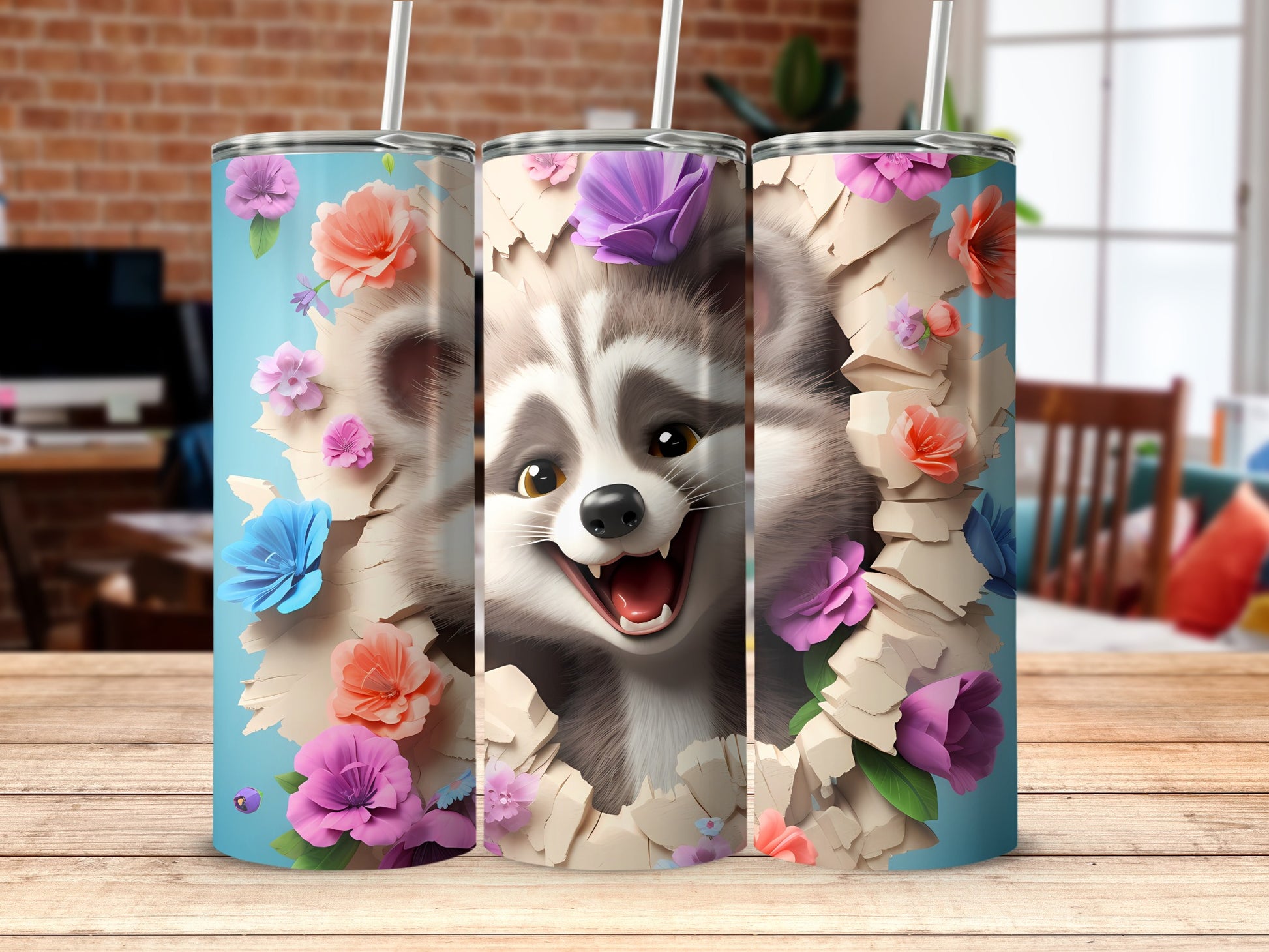 Raccoon Floral Burst Smiling Happy Tumbler Bottle product type
