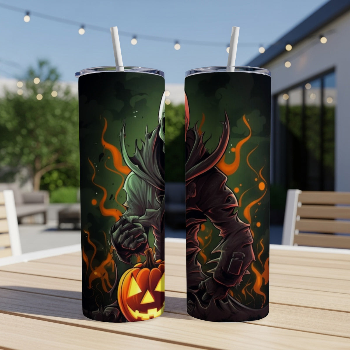 Two tumblers feature a spooky Halloween design with a shadowy figure and jack-o'-lantern.