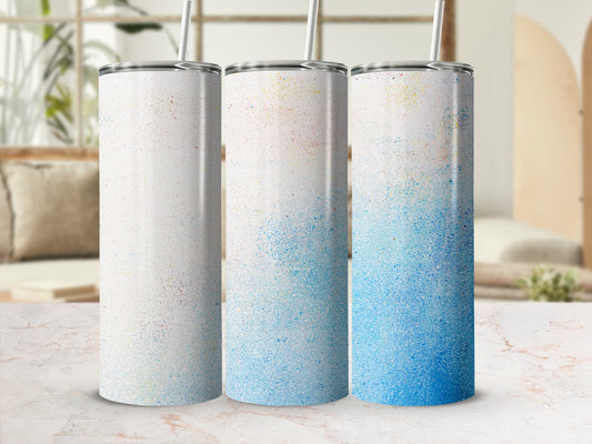 Three tumblers with a speckled white to blue gradient design.