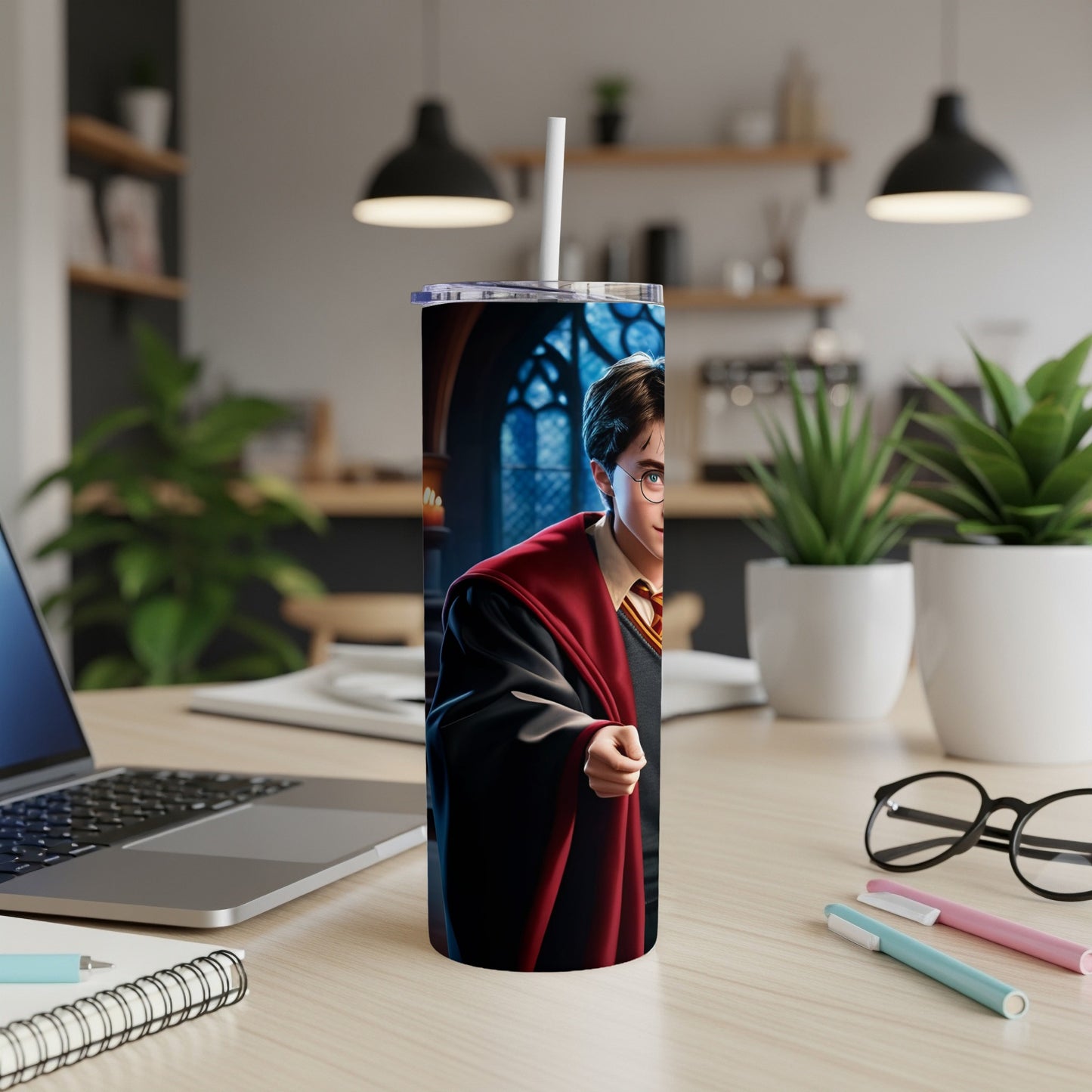 Harry Potter character on a tumbler with a white straw.