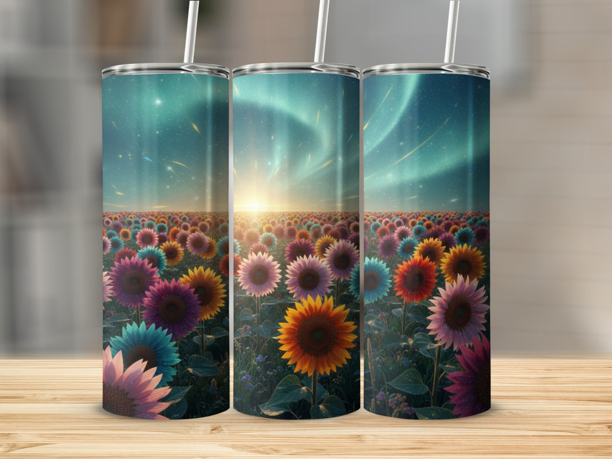Sunflower Field with Northern Lights Tumbler