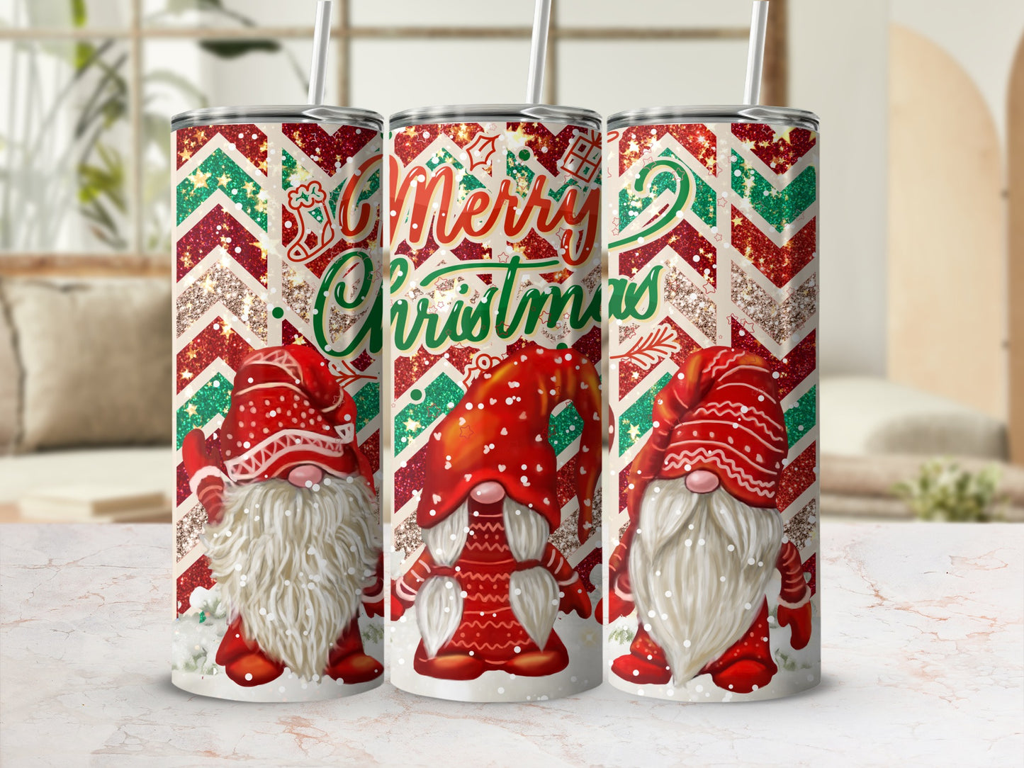 Three festive Christmas gnomes with red hats and white beards on glittery tumblers.