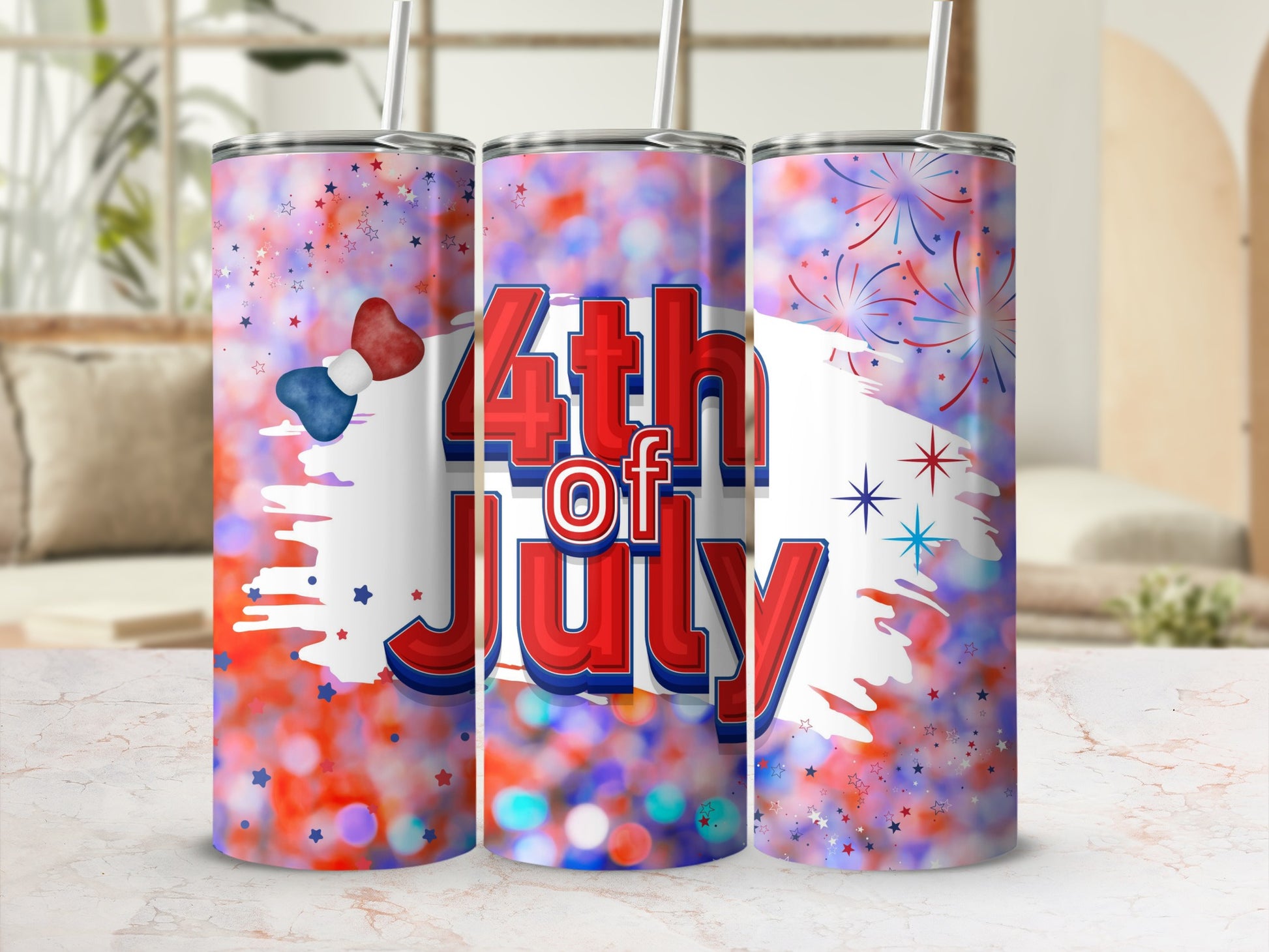 Red, white, and blue patriotic tumbler with fireworks and stars.
