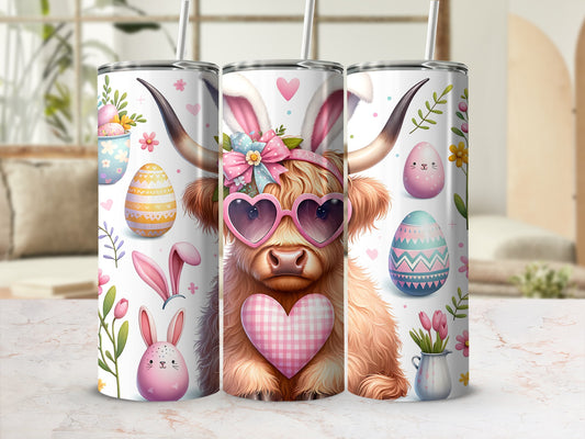Easter tumbler with cow wearing bunny ears and heart sunglasses.