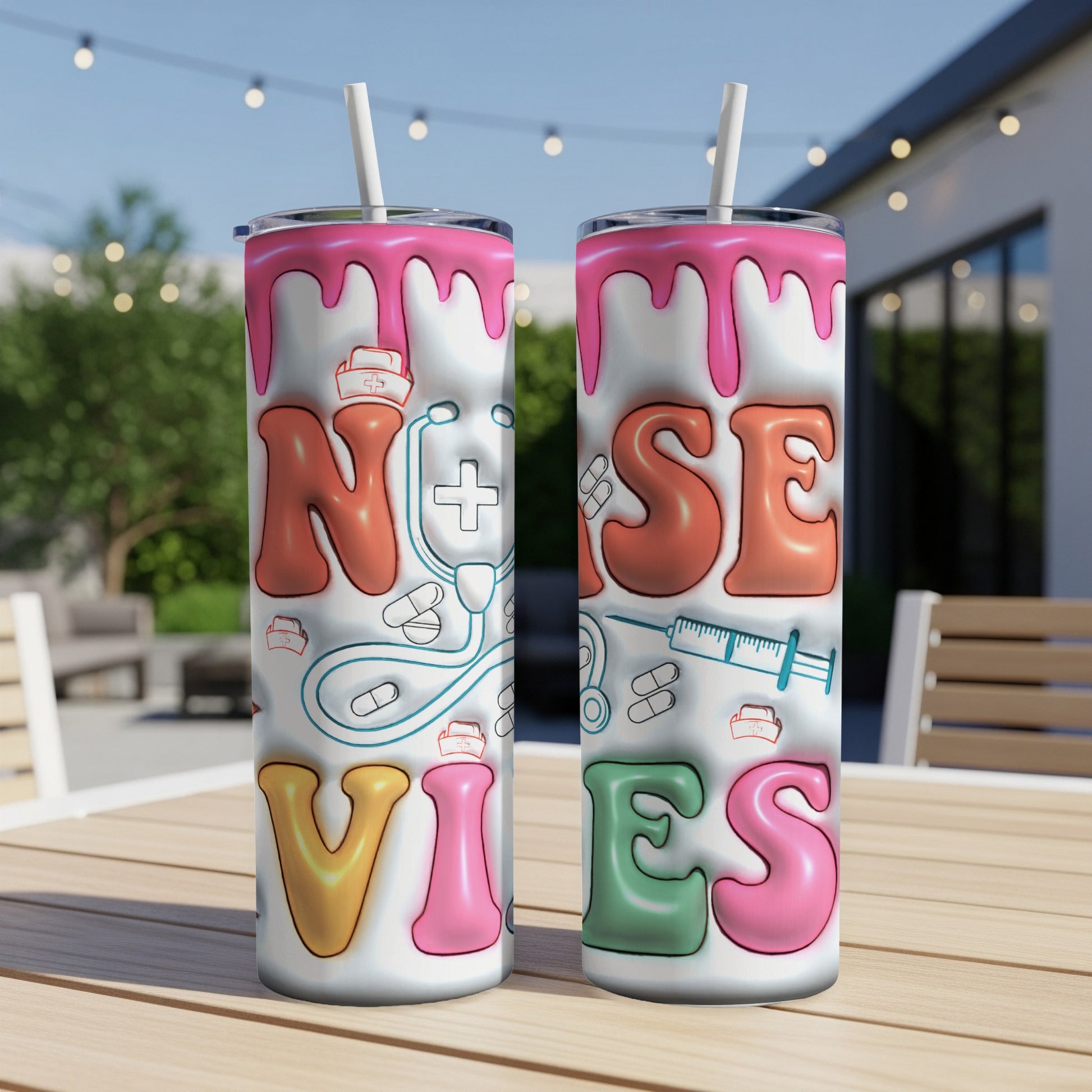 Nurse Vibes tumbler with medical icons and pink drip topping.