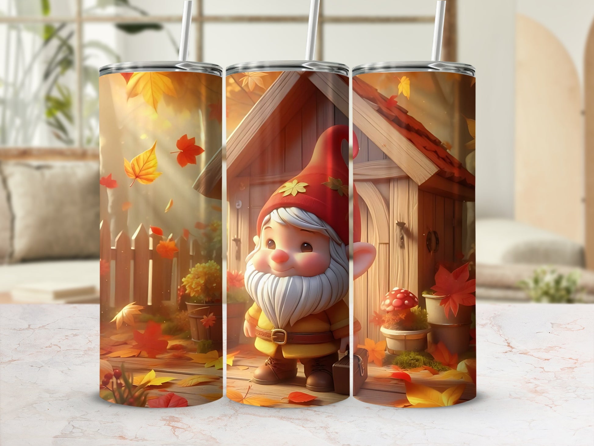 Three tumblers with a cute gnome and autumn leaves design.