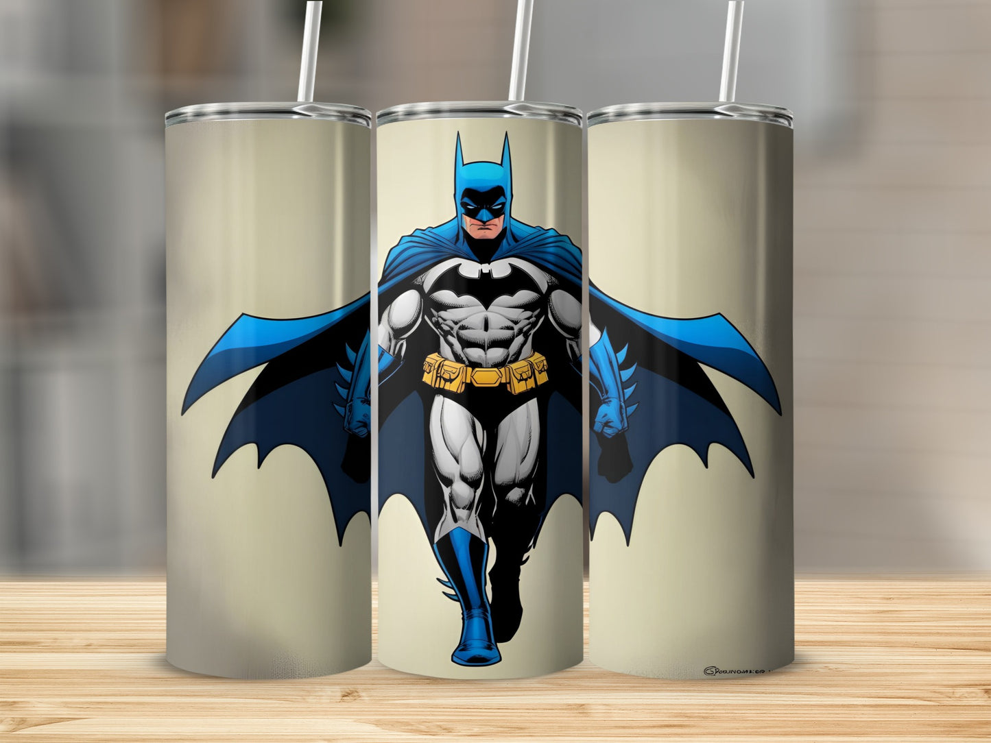 Batman in a blue and gray suit, cape outstretched, on a beige background.