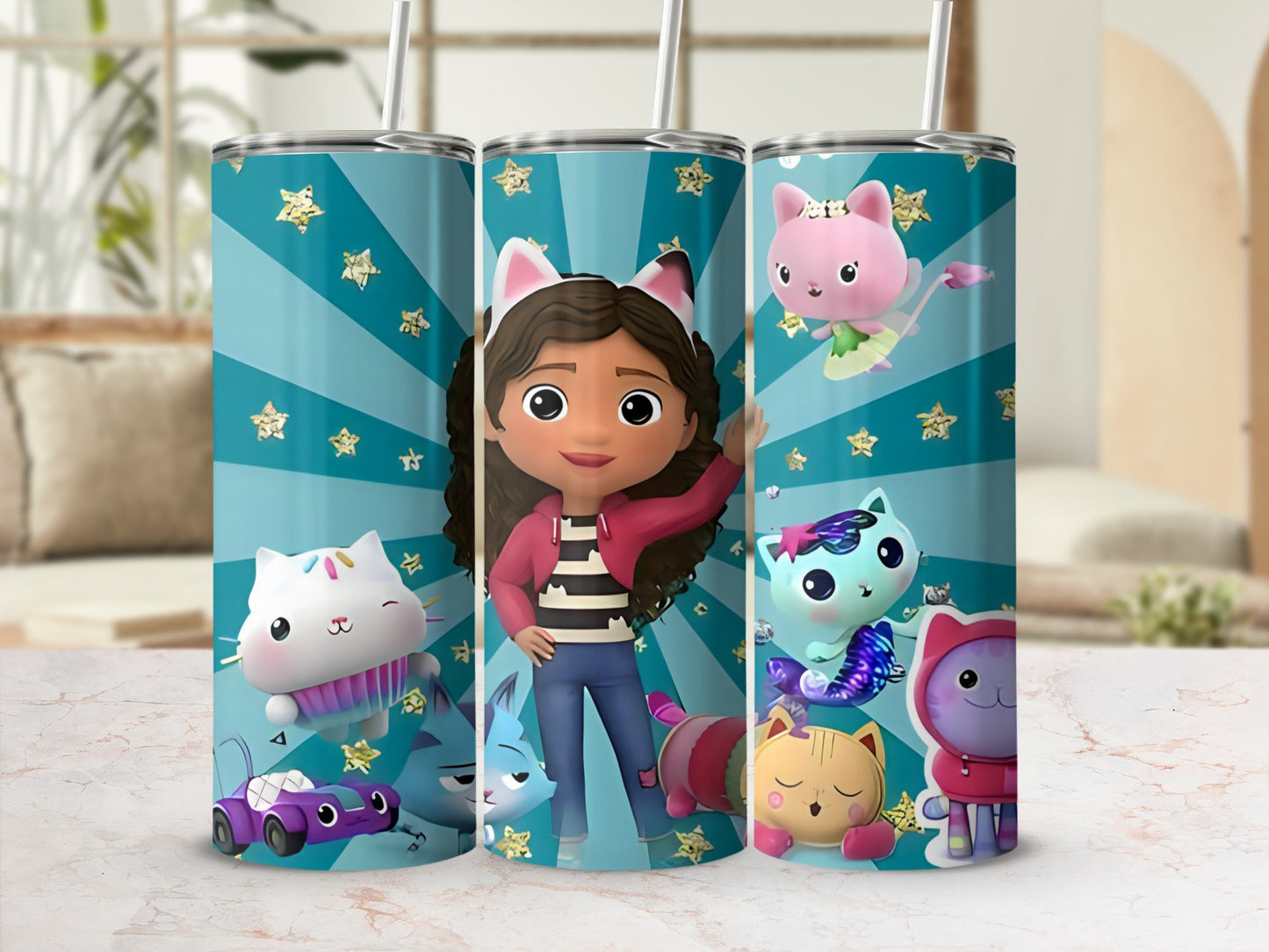 Cute Cartoon Character Print Tumbler with Straw