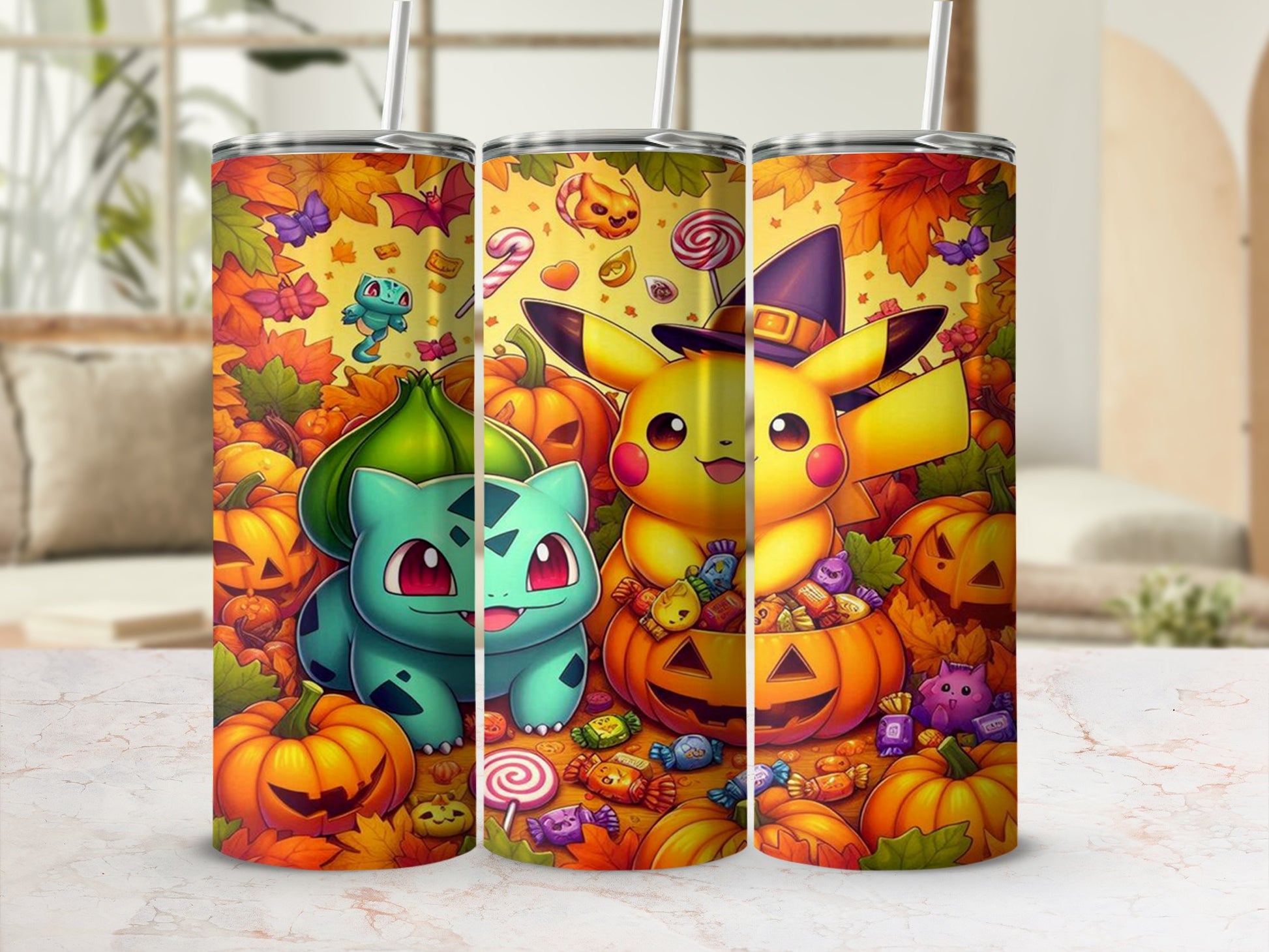 Cute Pikachu Bulbasaur Fall Halloween Themed Drinkware