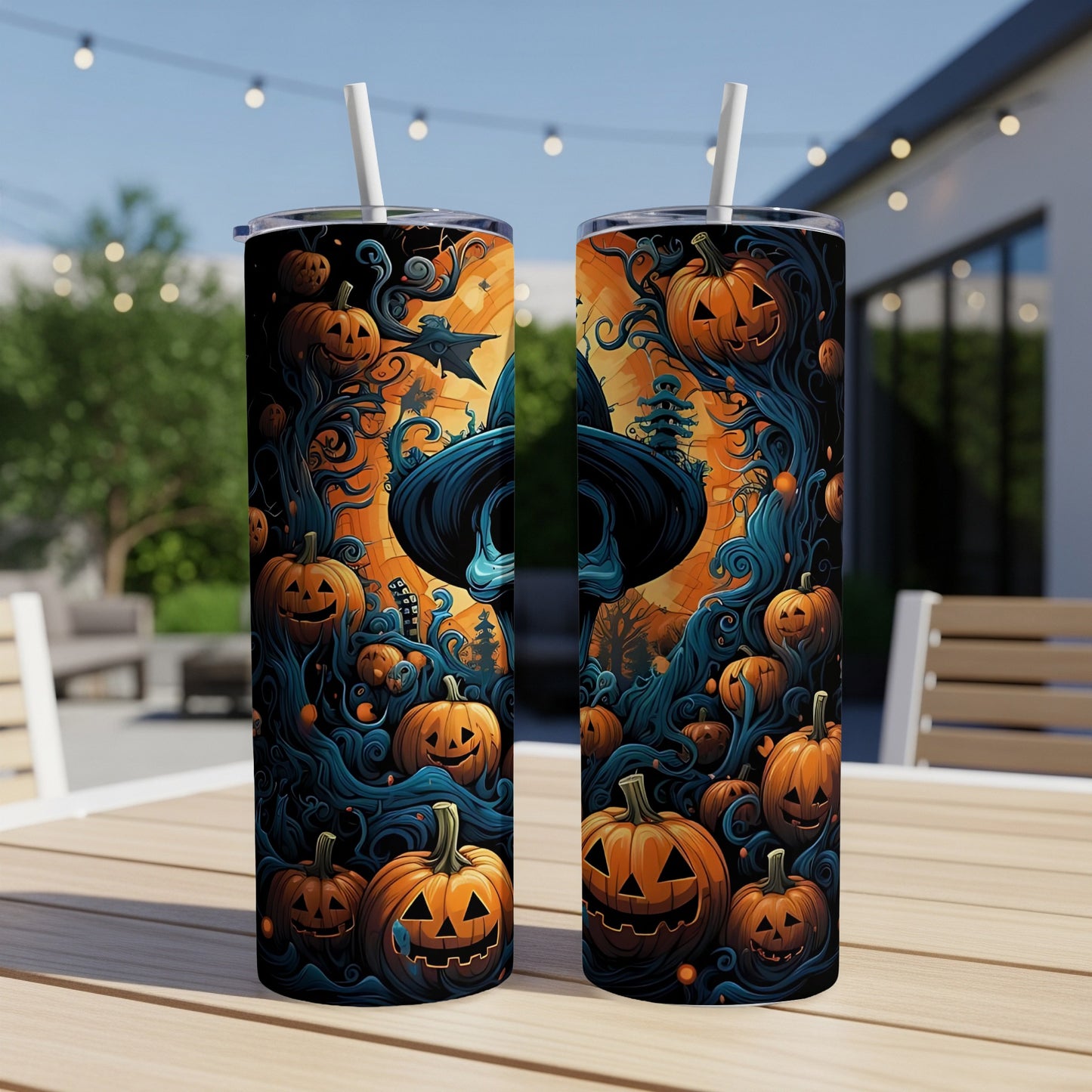Halloween tumblers with jack-o'-lanterns and swirling dark blue vines against an orange and black background.